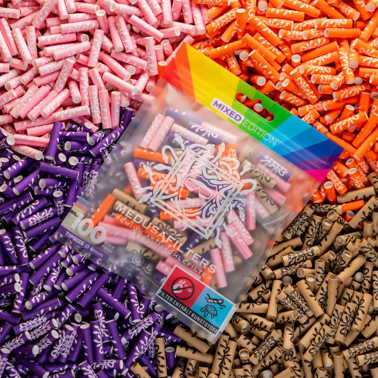 Medusafilters® 100 sztuk filtrów z węglem aktywnym o średnicy 6 mm z wegańskimi nasadkami z włókien i węglem aktywnym kokosowym | filtr o długości 25 mm Made in Germany (edycja mieszana)