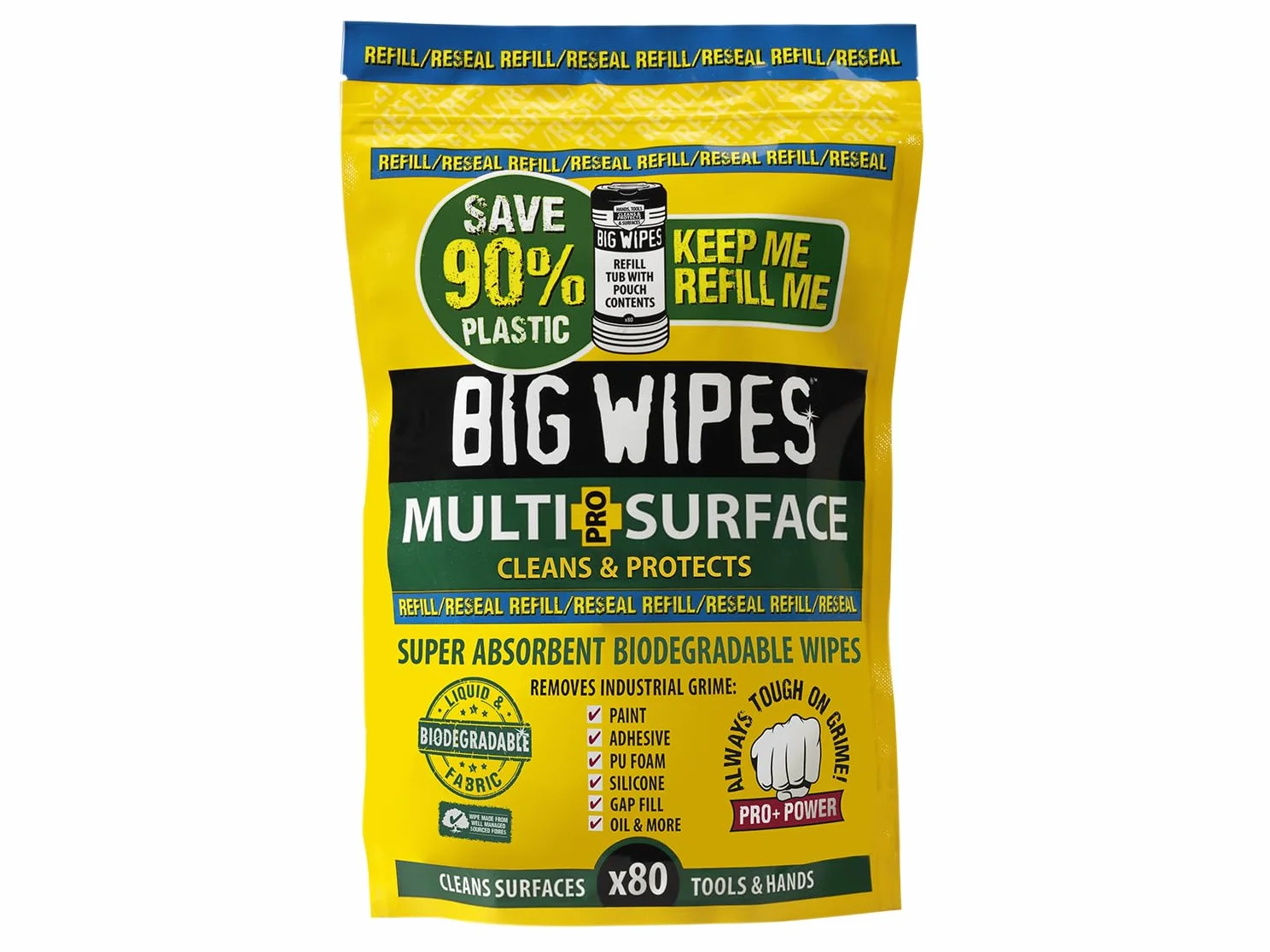 Big Wipes Wielopowierzchniowe chusteczki przemysłowe wkład 80 chusteczek. Używaj 90% mniej plastiku, biodegradowalnych profesjonalnych chusteczek, 4 rozpuszczalników biologicznych, chusteczek