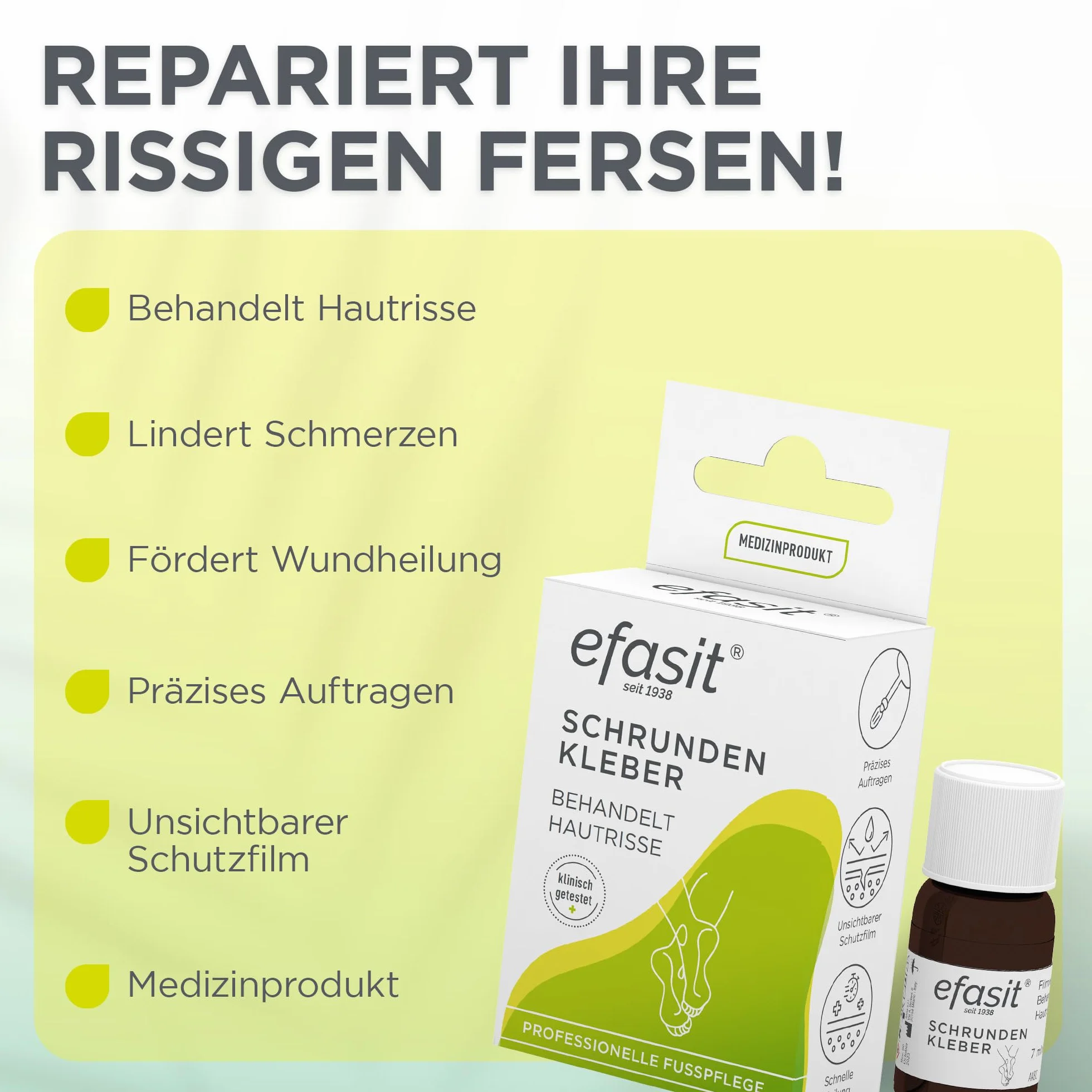 efasit Okrągły klej, 7 ml – leczy ostre pęknięcia skóry, np. w przypadku zaokrągleń na pięcie, łagodzi ból, niewidoczny i płynny opatrunek foliowy