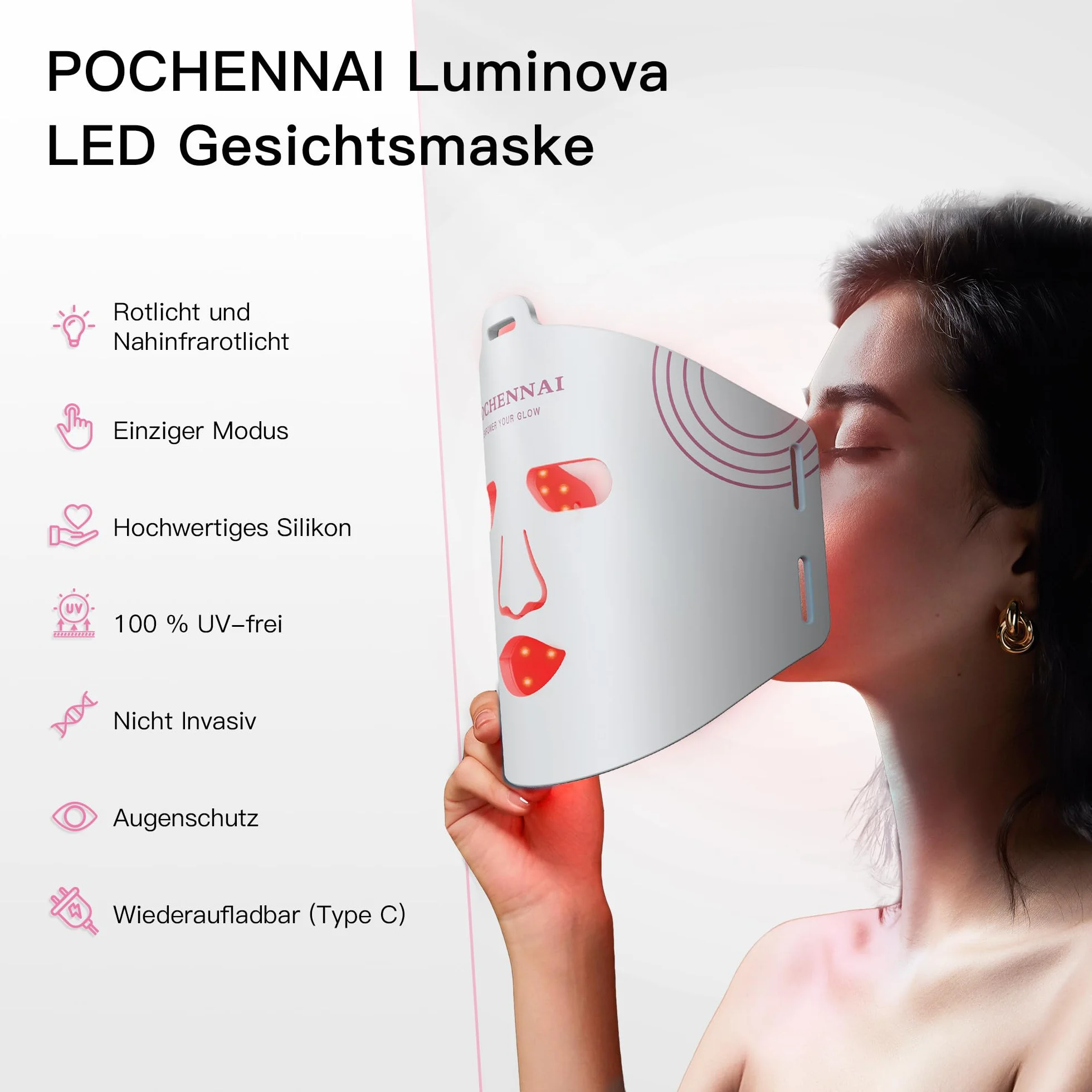 Maska na twarz LED – czerwone światło i bliska podczerwień, elastyczny silikon, łatwa obsługa, do użytku domowego (biała)