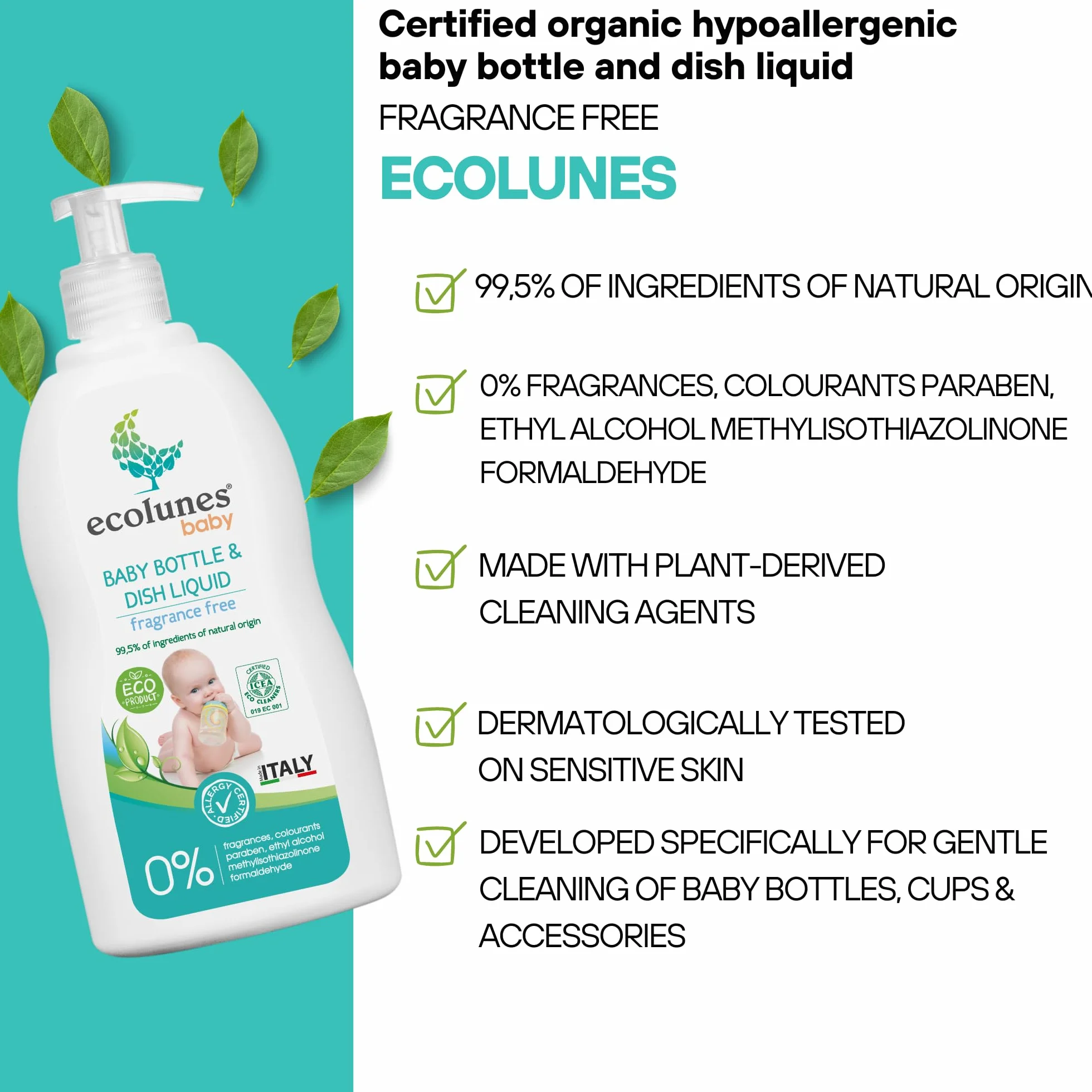 Ecolunes Baby Bottle and Dish Liquid fragrance free, Bezzapachowy płyn do butelek i naczyń 99,5% składników pochodzenia naturalnego, nie powoduje alergii, testowany dermatologicznie, 750 ml
