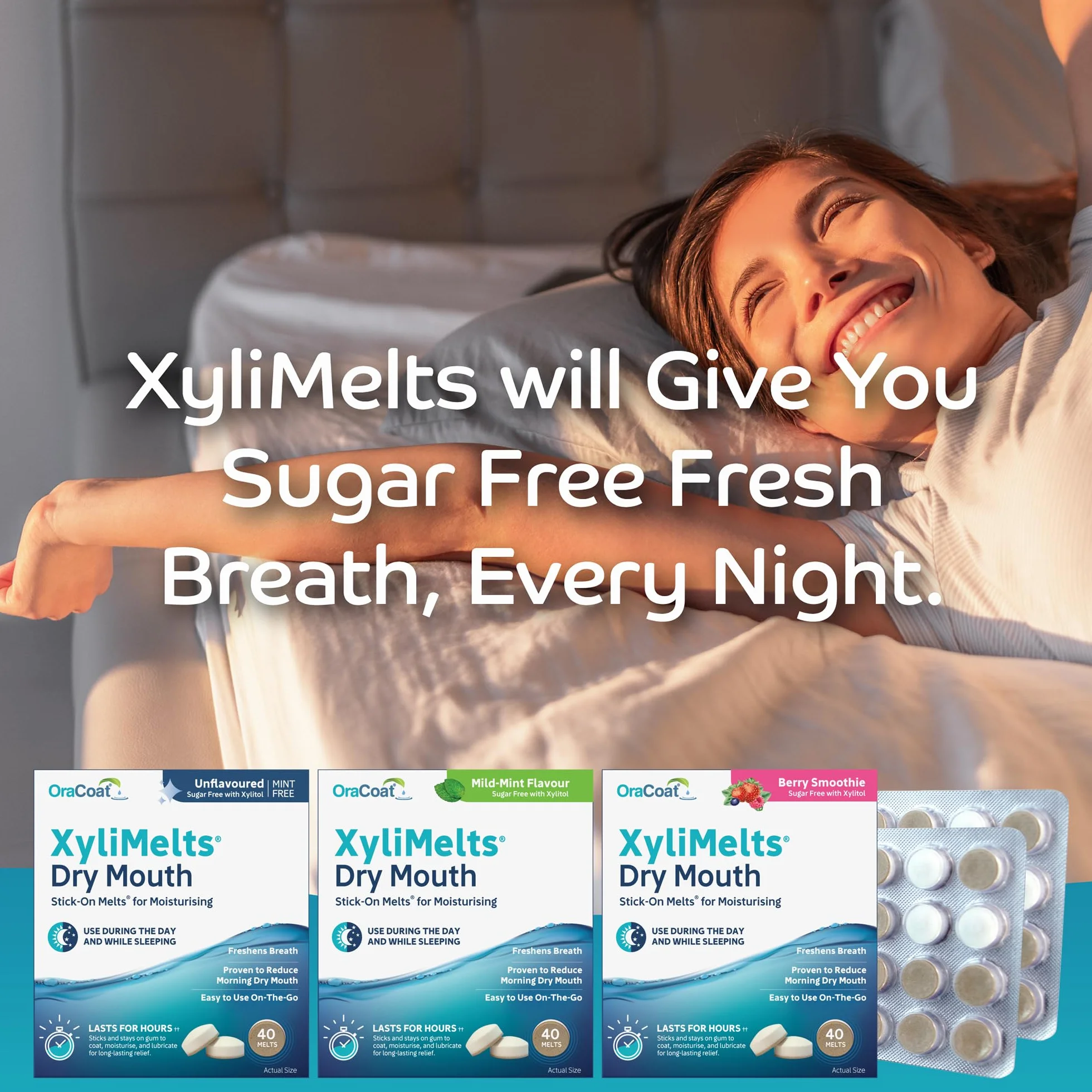 Xylimelts : Suche usta 40 tabletek przylegających do ciała ze słodką miętą | Łagodzi suchość w jamie ustnej w dzień i w nocy | Działanie do 8 godzin | Bez cukru, ksylitolu | dyskretny i naturalny |