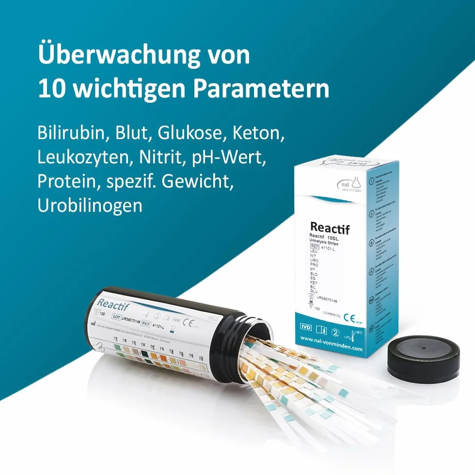 Test zdrowia Reactif: Test moczu 10 parametrów - 100 pasków testowych do moczu | Analiza moczu | Test szybki z skalą kolorów