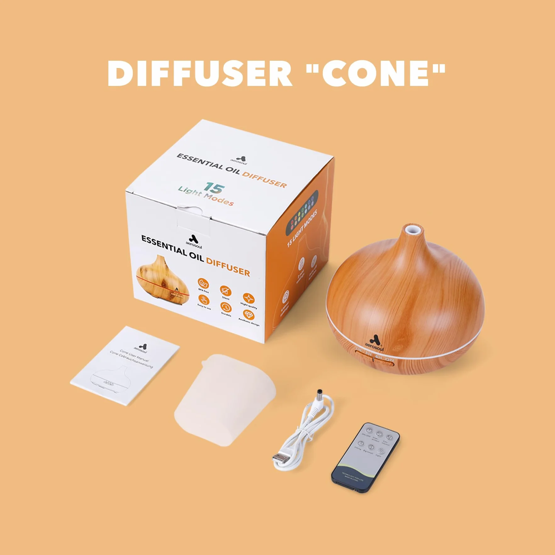 Aerosoul CONE Dyfuzor olejków eterycznych 500ml ultradźwiękowy aromaterapia 23dB 10h mgła 4 timery regulowana mgła 14 LED