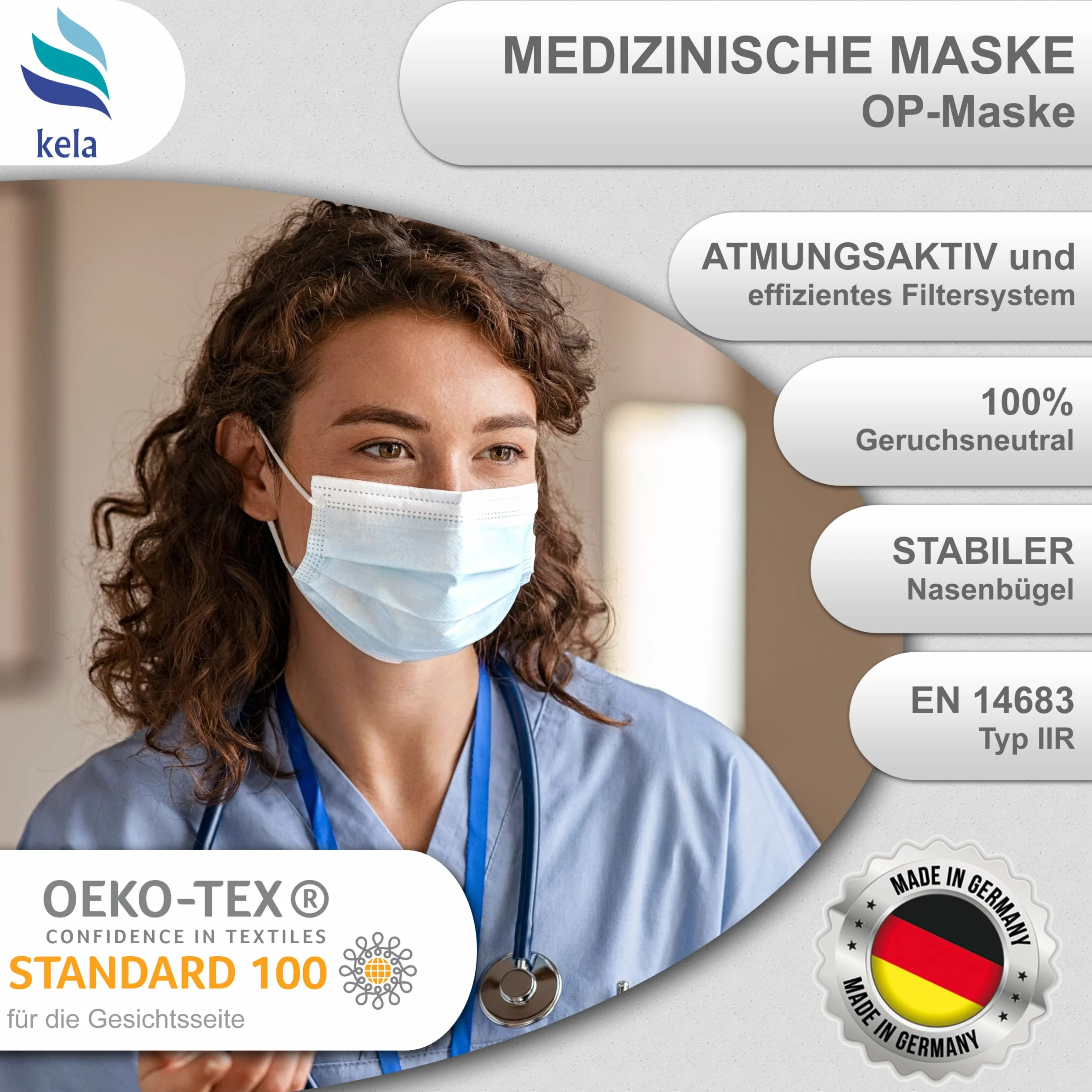 kela® Maska medyczna biała DIN EN 14683 typ IIR 3-warstwowa CE