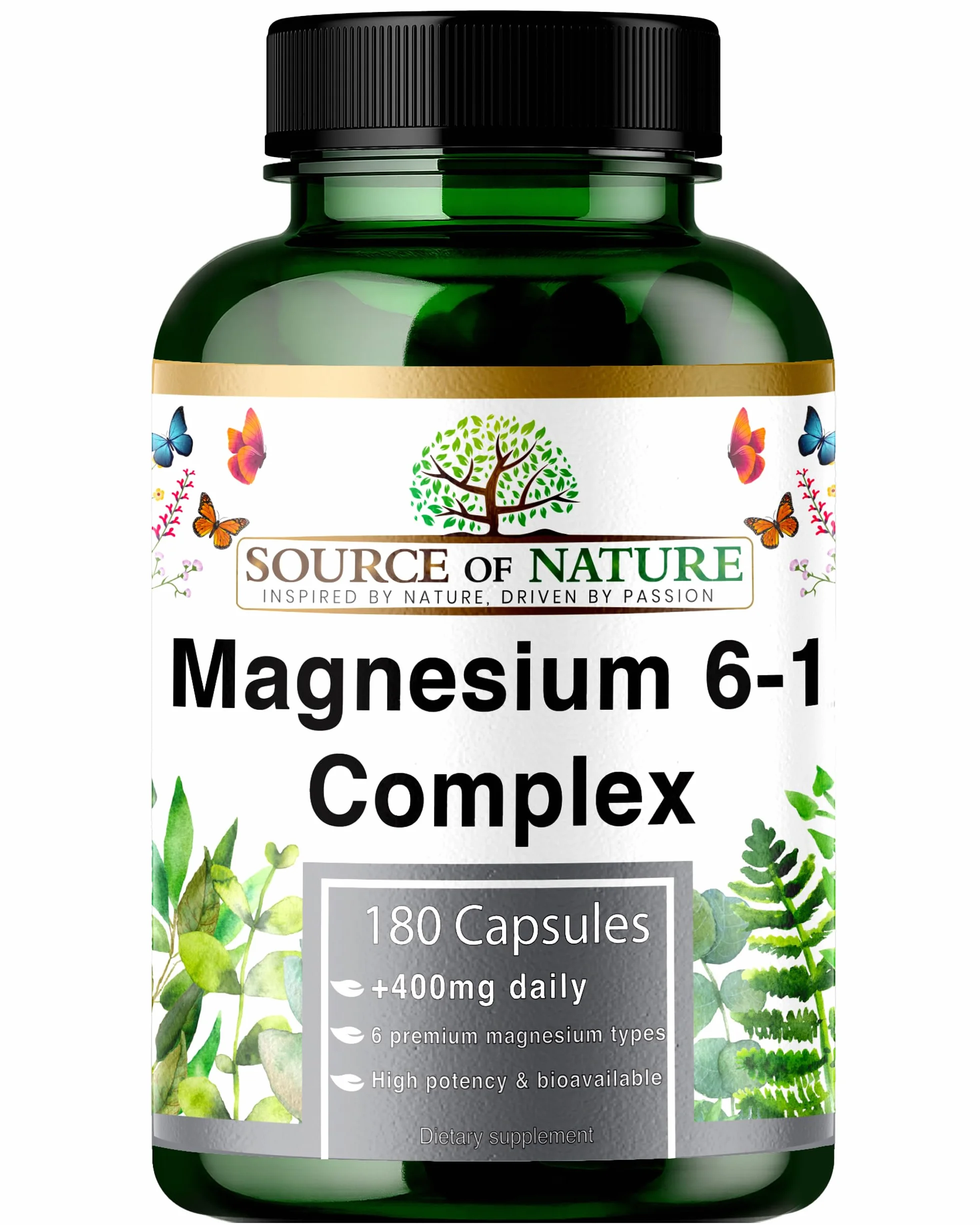 Magnez Kompleks 6-1 1500 mg Dziennie | 400 mg Magnezu Elementarnego | Tlenek, Bisglicynian, Jabłczan, Taurynian, Cytrynian & Asparaginian | 180 Kapsułek Wegańskich | Wysoka Dawka & Biodostępność