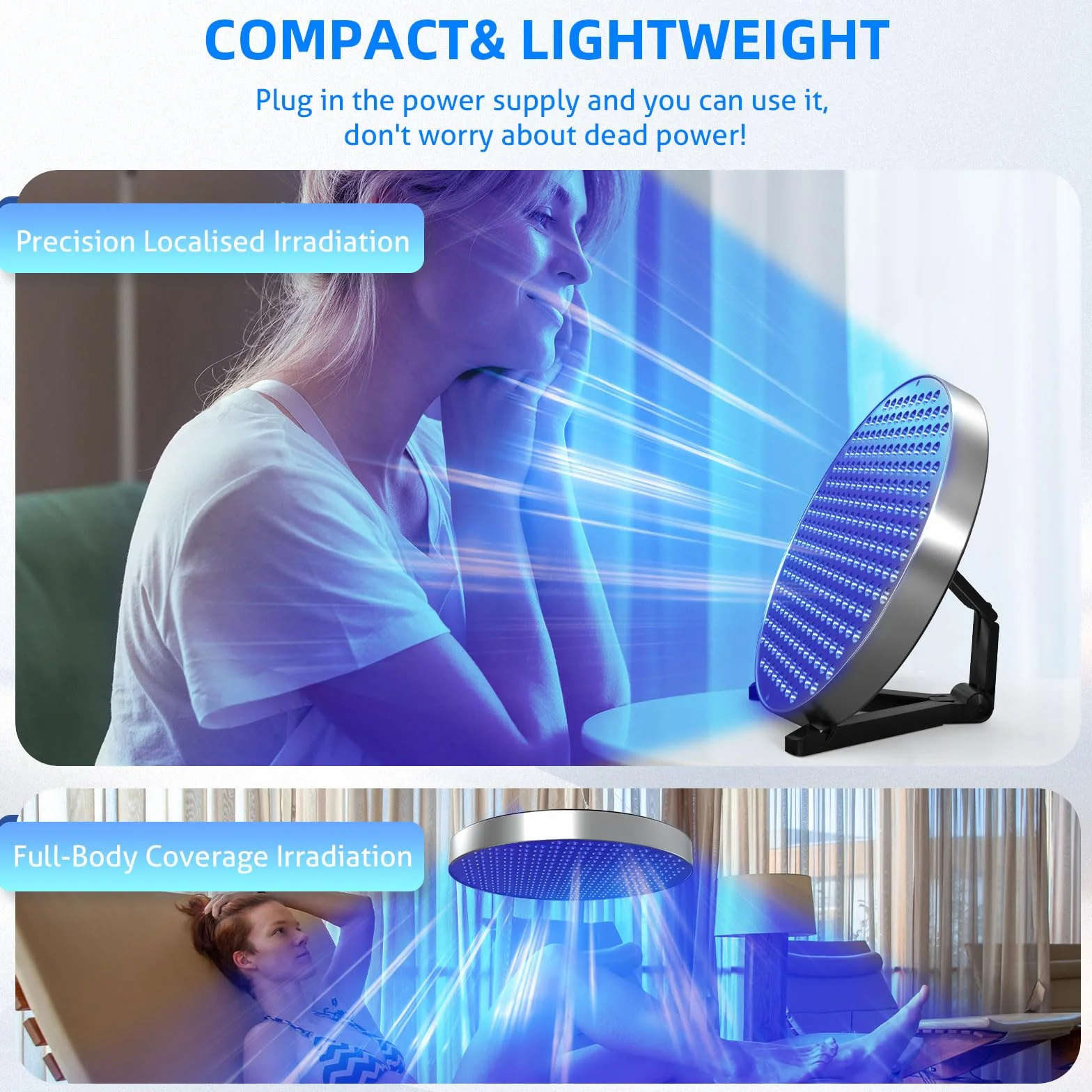 Solarium do domu, 460 NM, przenośna, okrągła lampa do opalania z 250 diodami LED, 50 W, regulowany stojak i haczyki do zawieszenia, opalarka twarzy, solarium do domu