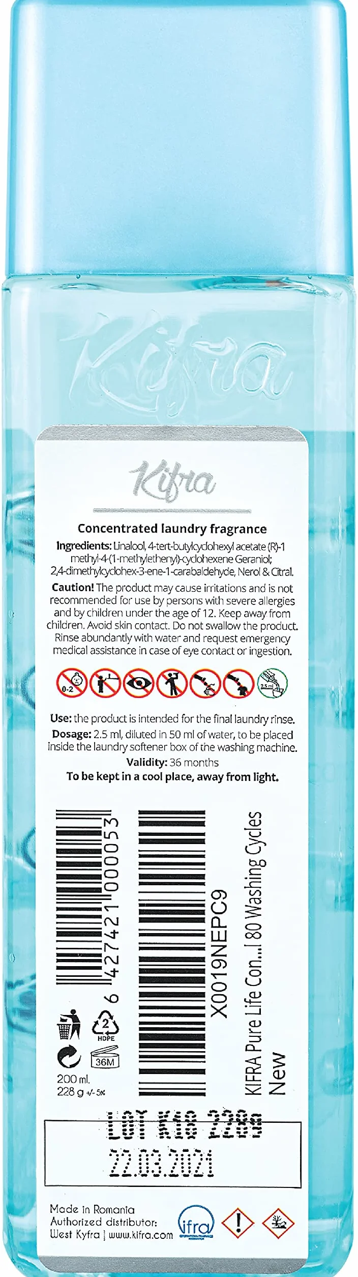 Kifra Pure Life skoncentrowane perfumy do prania, płyn, 200 ml, 80 cykli prania, długotrwały zapach do prania