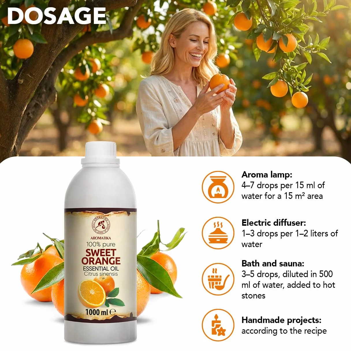 Olejek Eteryczny Ze Słodkiej Pomarańczy 1000 ml - Citrus Sinensis - Olejek Pomarańczowy do Dyfuzora - Zapach Cytrusów - Aromaterapia - Świece Zapachowe - Mydła - Odświeżanie Powietrza