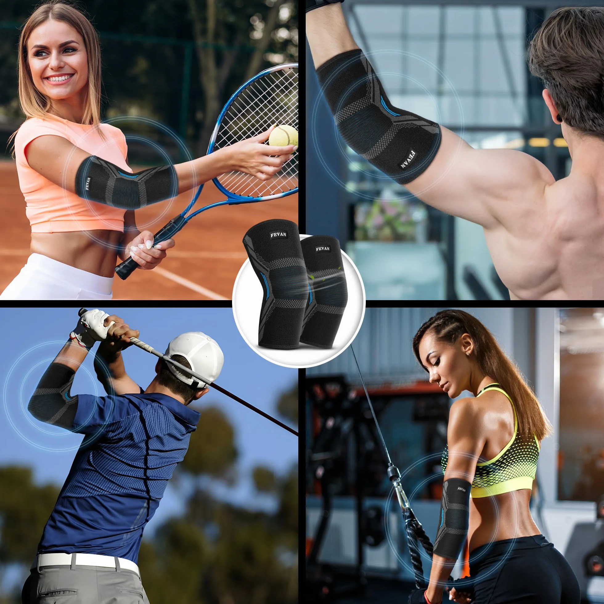 FEVAN Ochraniacze na Łokcie Kompresyjne na Zapalenie Nadkłykcia i Ścięgna, Sportowe Ochraniacze na Łokieć Tenisa, Crossfit, Łokieć Golfisty (Niebieski, XL)
