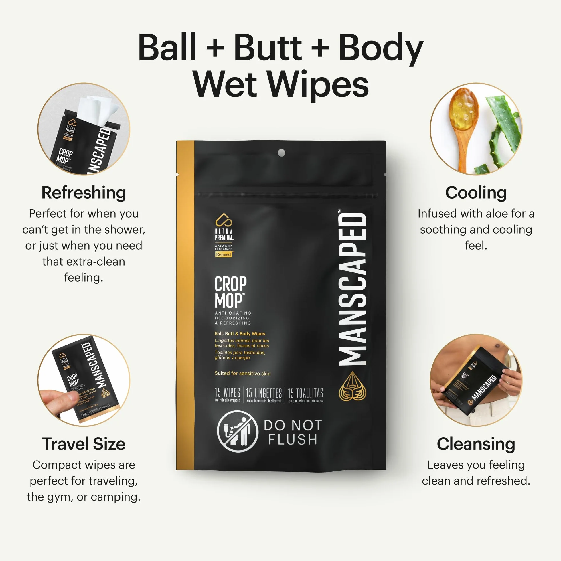 MANSCAPED® Crop Mop® On-The-Go Indywidualnie pakowane chusteczki w kulkach, chusteczki czyszczące zapobiegające otarciom do męskiej okolicy pachwiny z odświeżającym i chłodzącym aloesem, 15 szt.