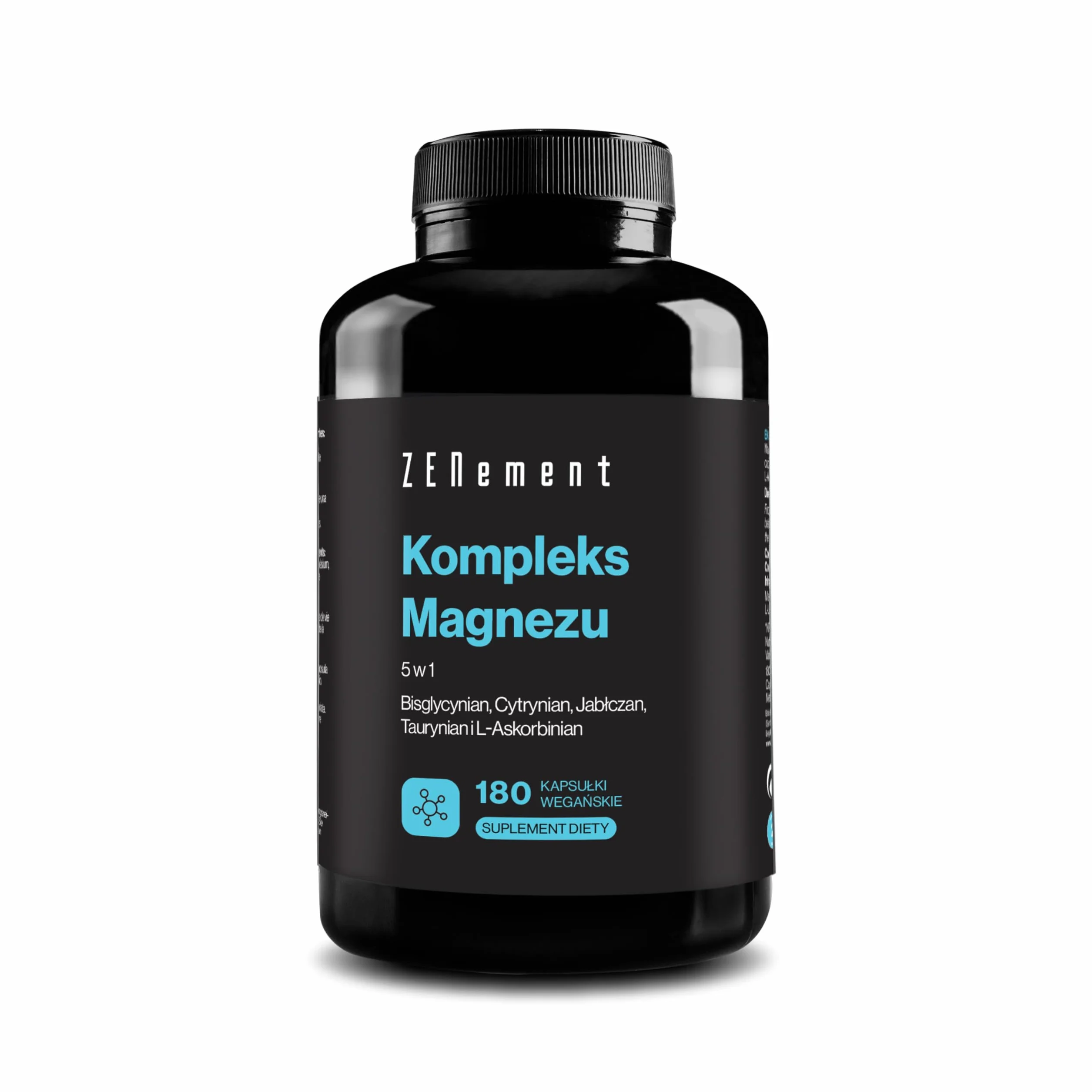 Magnezu Complex, 5 w 1 - Bisglicynian, Cytrynian, Jabczan, Taurynian i L-Askorbinian - Wysoka Biodostępność i Tolerancja, bez tlenku magnezu - 360 mg na porcję - 180 Kapsułek - Zenement