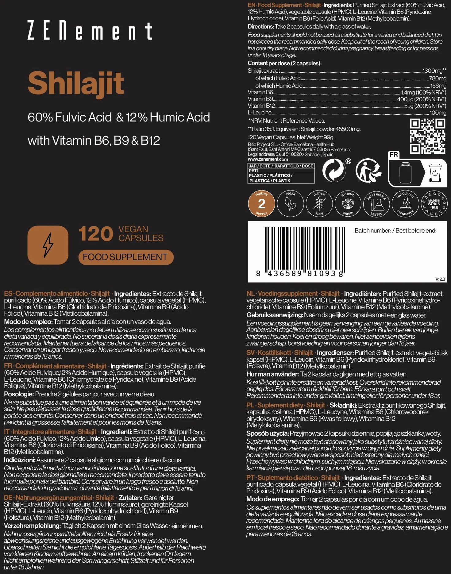 Czysty Shilajit z Himalajów 1300 mg 60% Kwas Fulwowy 12% Humusowy Wit. B6 B9 B12 120 Kapsułek Wegańskich Zenement
