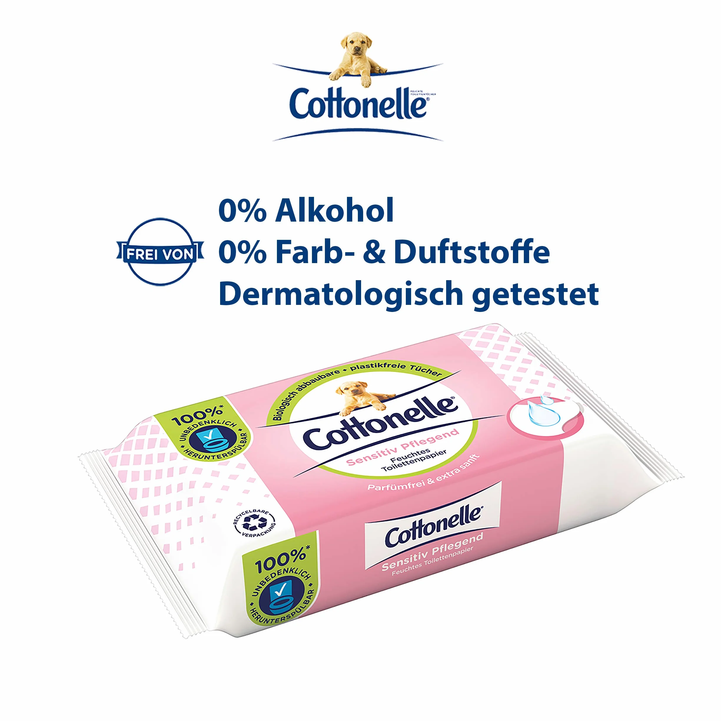 Cottonelle Wilgotny papier toaletowy, delikatny pielęgnacyjny – nie zawiera perfum, biodegradowalny, nie zawiera plastiku, możliwość ponownego zamknięcia, opakowanie ekonomiczne, 12 x 42 chusteczki
