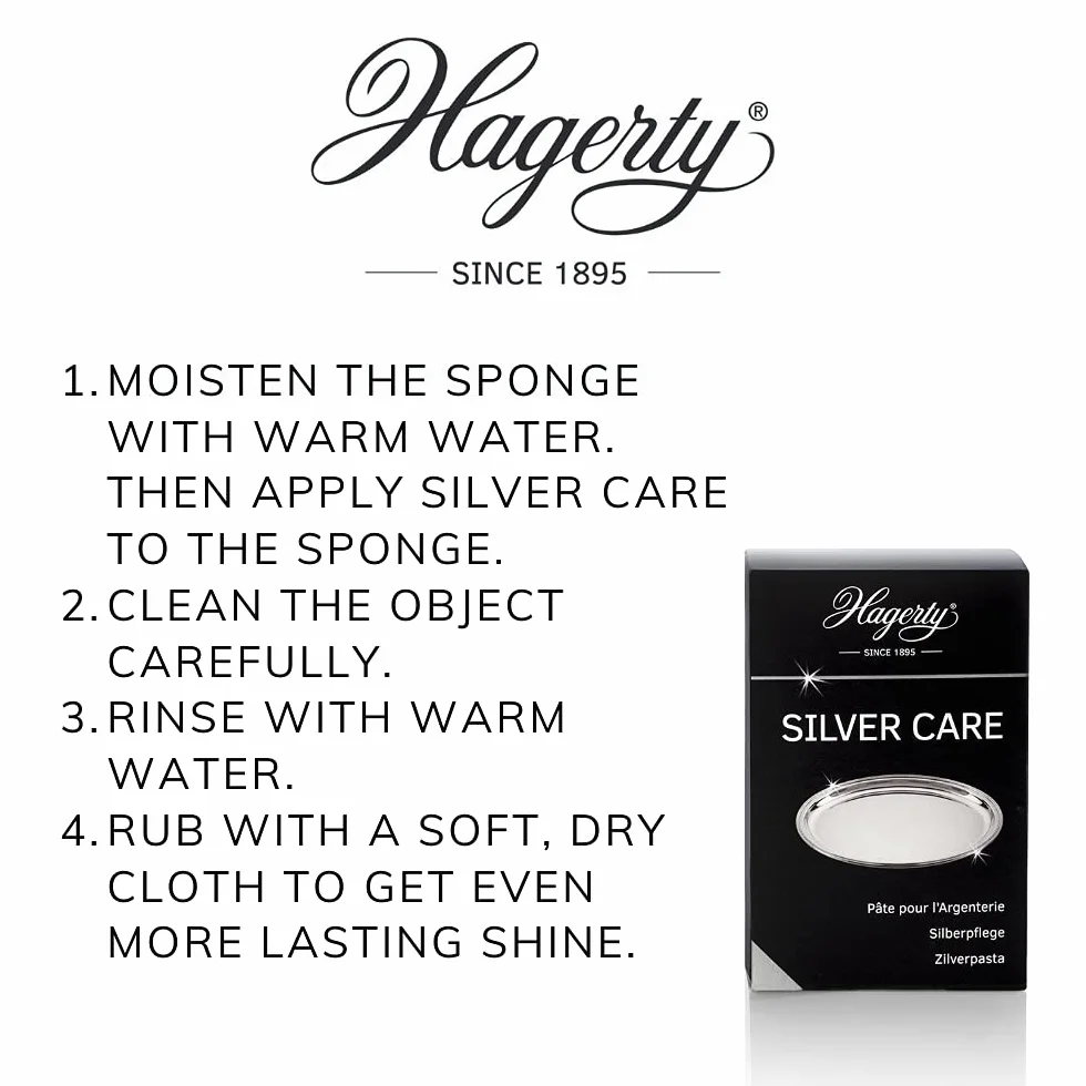 Hagerty Silver Care pasta do polerowania srebra, 185 g, wydajna pasta polerska do czyszczenia i pielęgnacji srebra i posrebrzanego metalu, środek czyszczący do srebrnych wyrobów z srebra, talerzy, tac, w zestawie gąbka