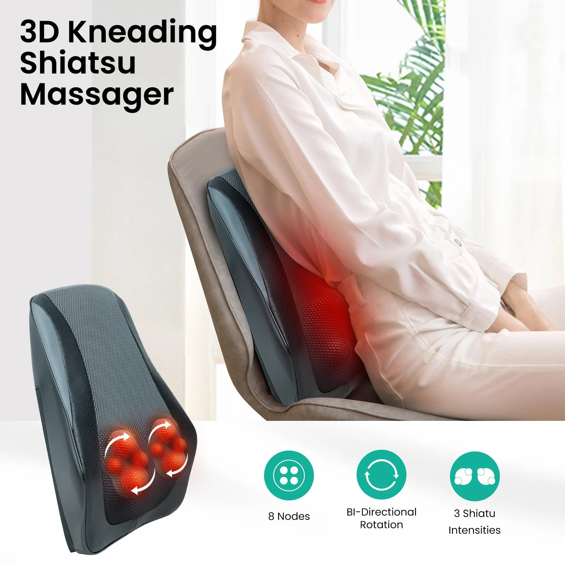 Snailax Poduszka do masażu Shiatsu 3D z ogrzewaniem na plecy, kark, ramiona