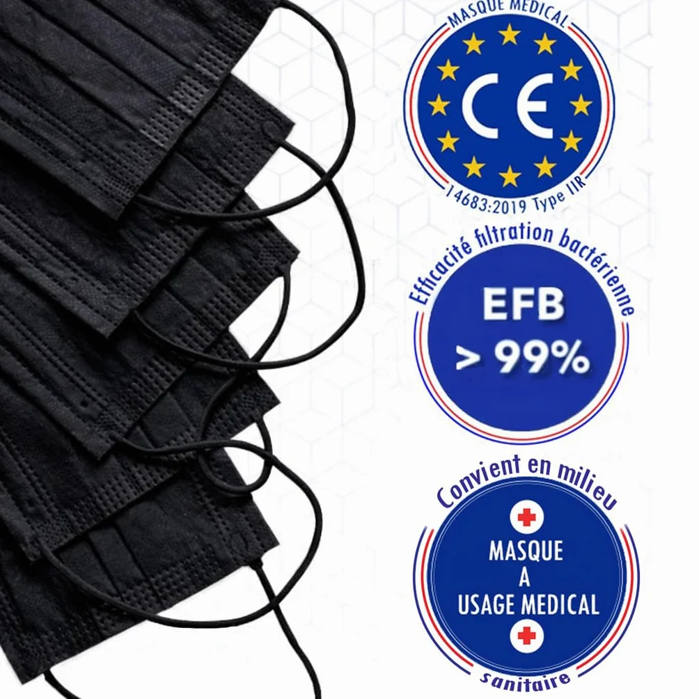 CRAZYCHIC Maska Chirurgiczna Czarna Typ IIR CE EN14683 Jednorazowa 3-Warstwowa BFE ≥99% Zestaw 51 Szt.