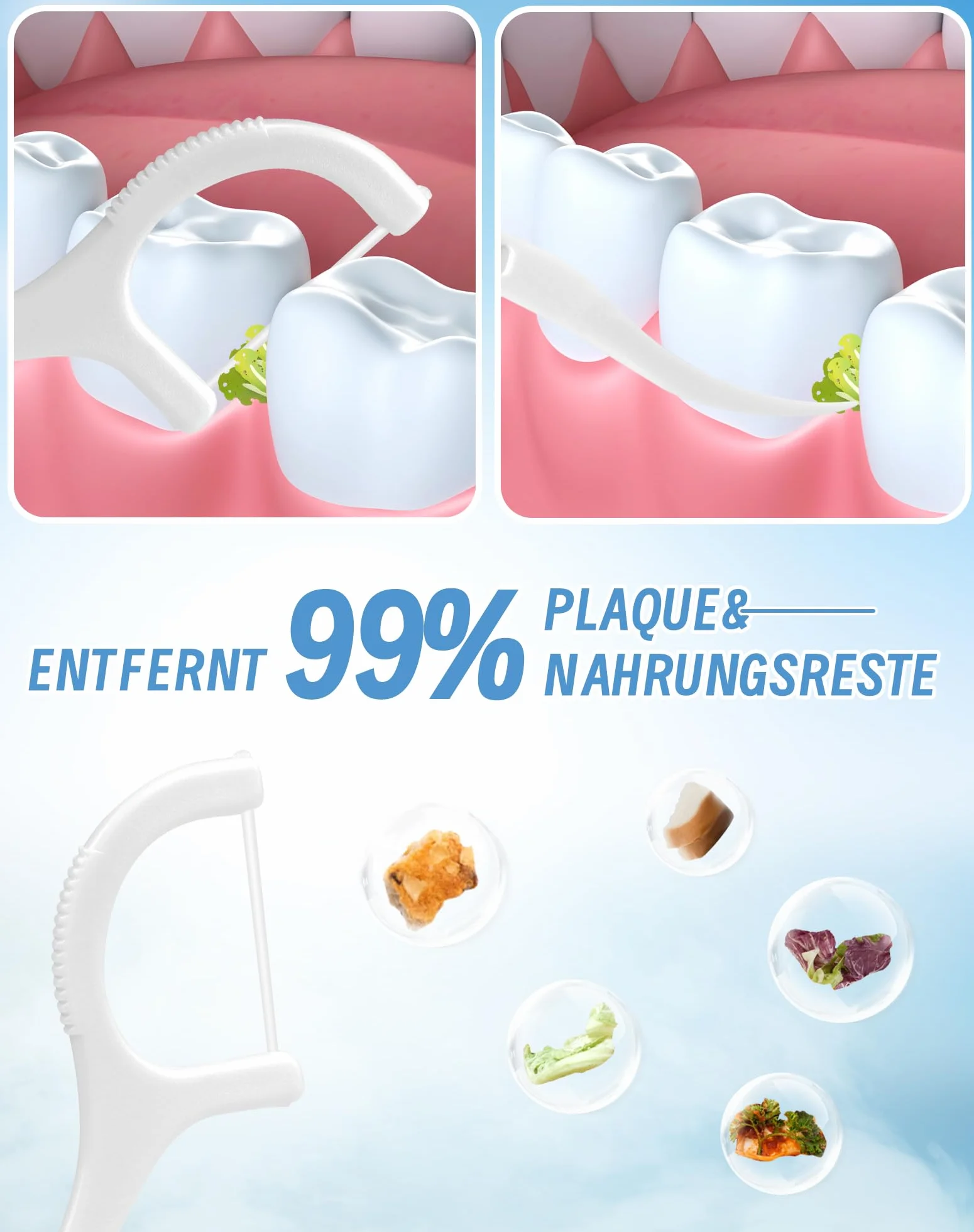 Nić dentystyczna w sztyfcie, 400 sztuk, 3 x czyszczenie zębów, nić dentystyczna, patyczki do pielęgnacji zębów 3 w 1, wykałaczki, skrobak na język, zapobiega nieświeżemu oddechowi i do usuwania płytki
