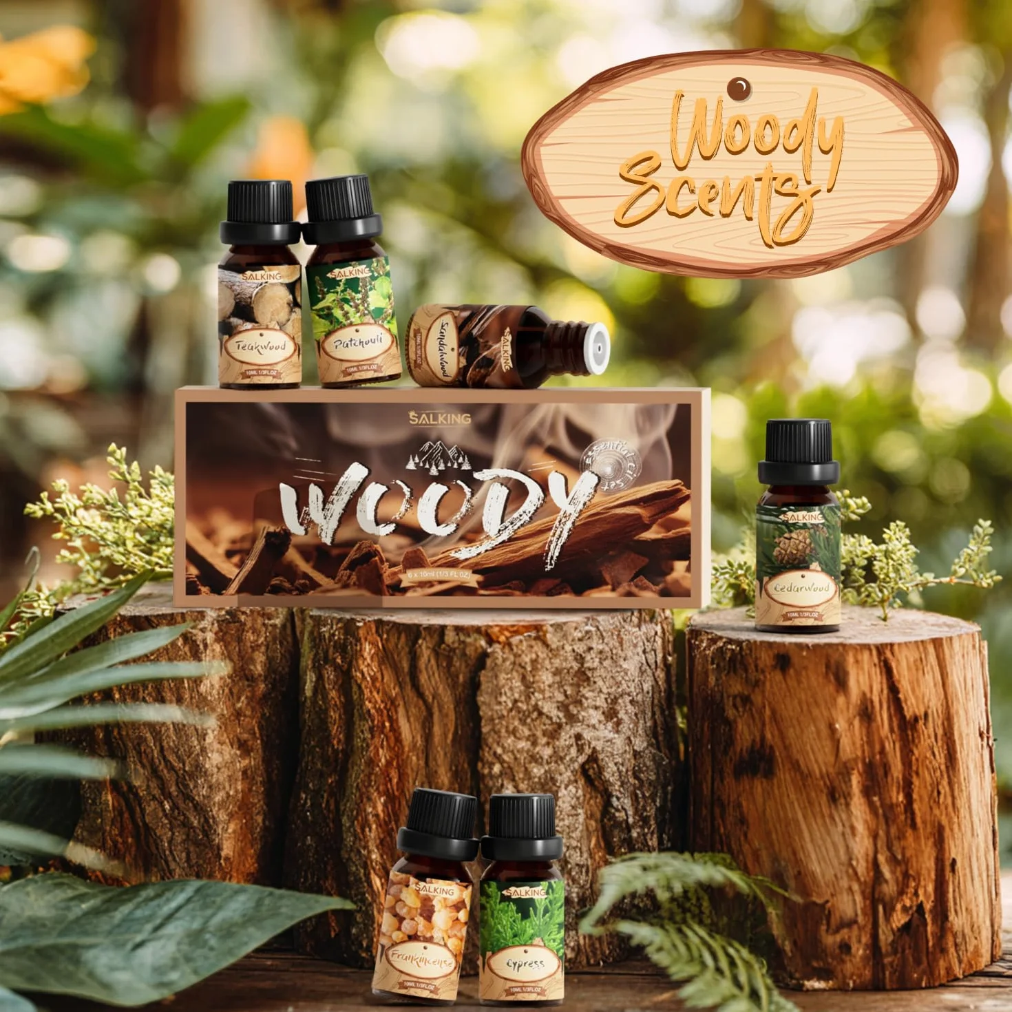 SALKING Drewniany zestaw olejków eterycznych, aromaterapii, zestaw prezentowy, naturalne olejki zapachowe do mydła dyfuzora, świec, frankincense, cedrowego, drzewa sandałowego, drewna tekowego