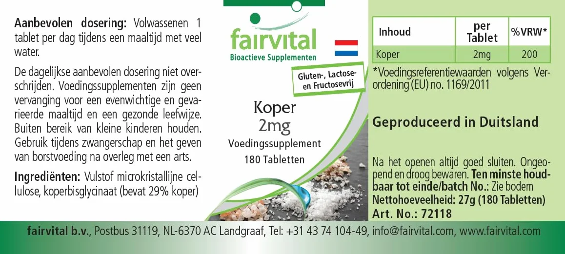 Fairvital | Miedź 2mg – 180 tabletek – bisglicynian miedzi – sprawdzona jakość i wysoka dawka – 100% wegański – wyprodukowany w Niemczech