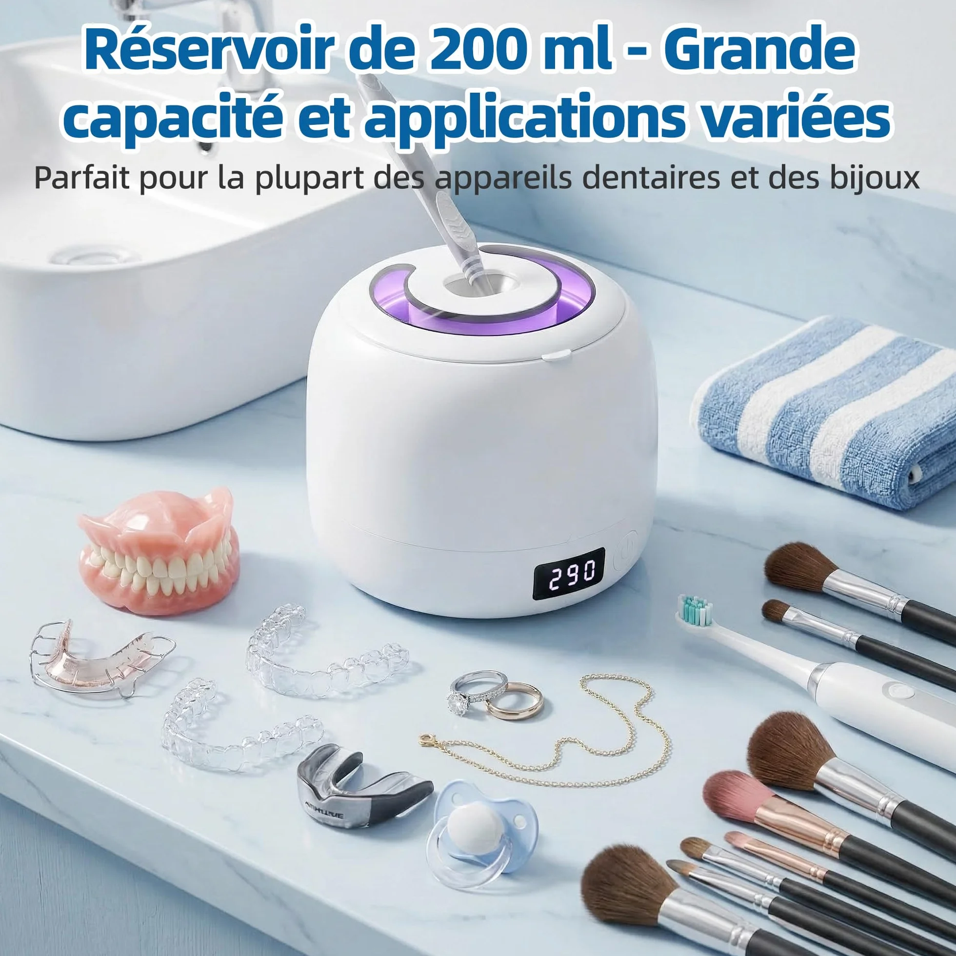 Carehabi Ultradźwiękowe urządzenie do czyszczenia szyn dentystycznych 45 kHz Dental Pod ze światłem UV 200 ml