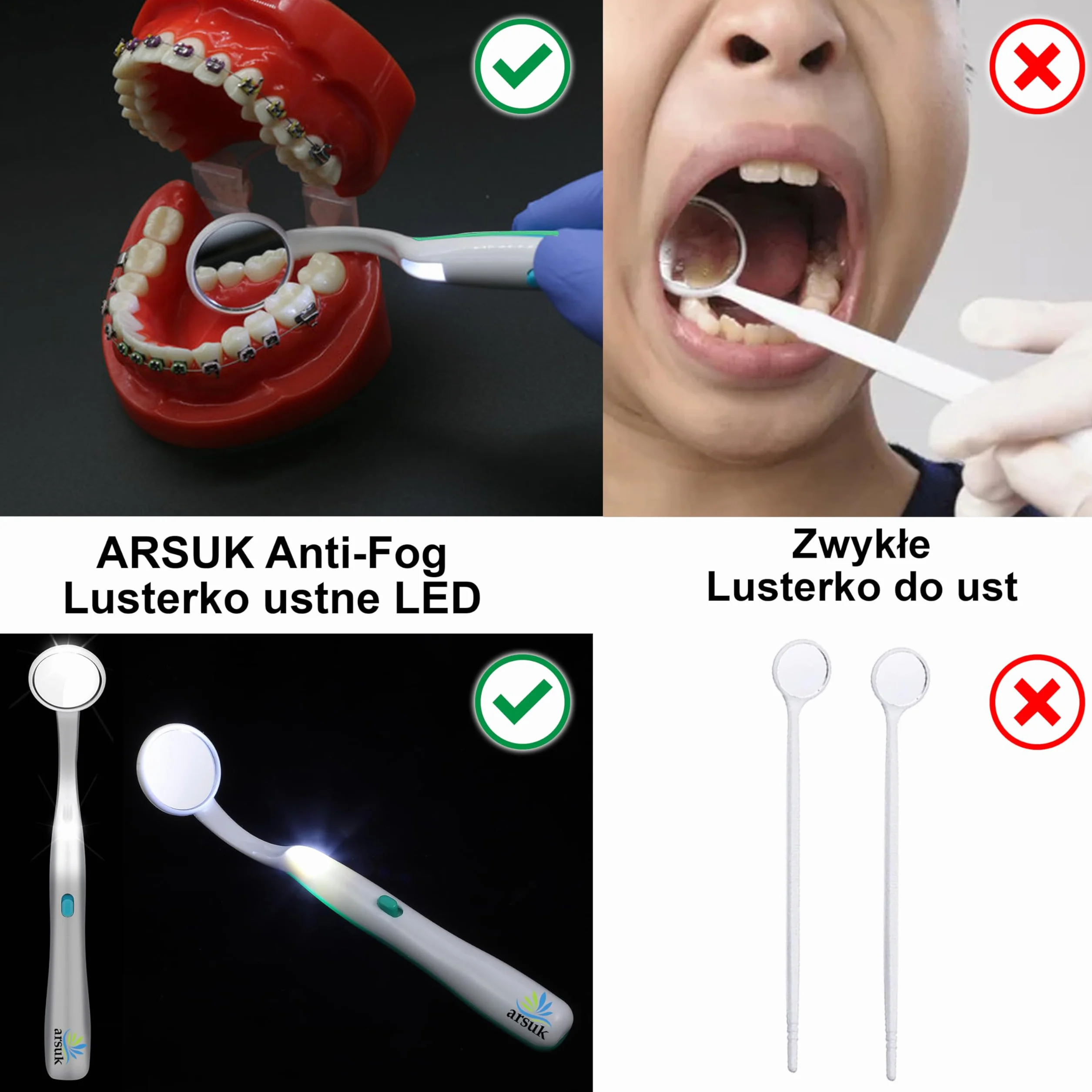 ARSUK Lusterko dentystyczne ze światłem przeciwmgielnym, lusterko dentystyczne LED do kontroli zębów, pielęgnacja jamy ustnej, 5,90 cala (15 cm) niebiesko-zielone opakowanie 2 szt.