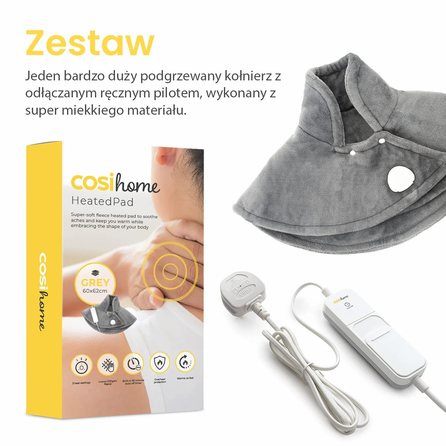 Elektryczna Poduszka Grzewcza na Plecy Ramiona Kark Szyję, Rozgrzewający Grzejący Kołnierz, Do Samochodu, 6 Poziomów Grzania, z Automatycznym Wyłączaniem i Zabezpieczeniem, Szara