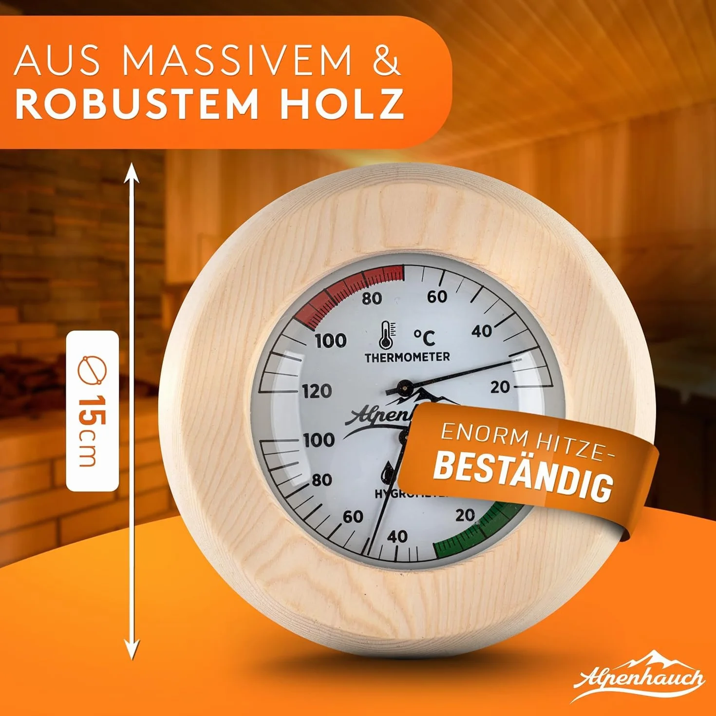ALPENHAUCH Termometr do sauny, higrometr z drewna, funkcja 2 w 1, wyjątkowo precyzyjny termometr do sauny z hartowanego szkła, automatyczna kalibracja, eleganckie akcesoria do sauny, higrometr