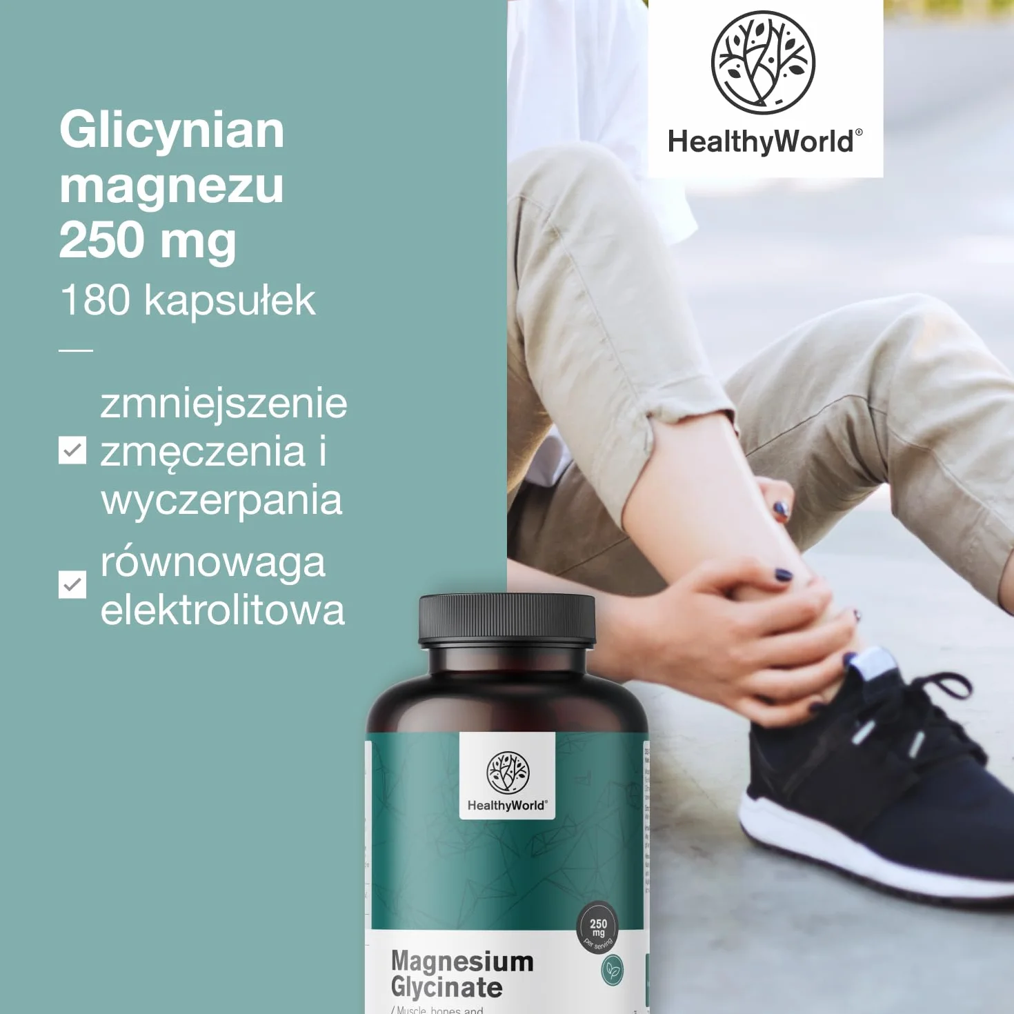 HealthyWorld Glicynian magnezu 250 mg 180 kapsułek roślinnych 125 mg magnezu na kapsułkę