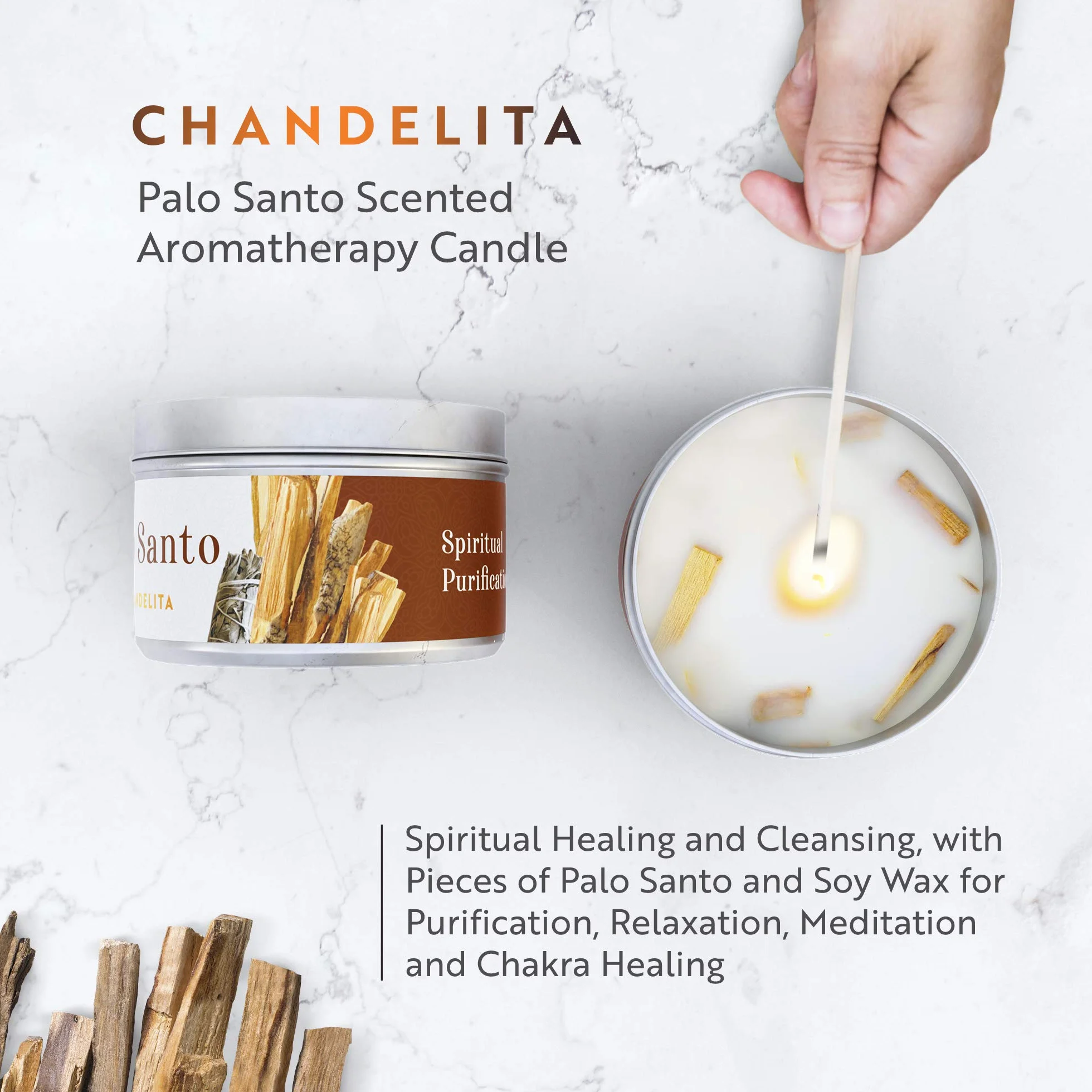 Palo Santo, świeca zapachowa do aromaterapii, oczyszczania powietrza, duchowego uzdrawiania i czakrami, z kawałkami wosku sojowego do relaksu i medytacji