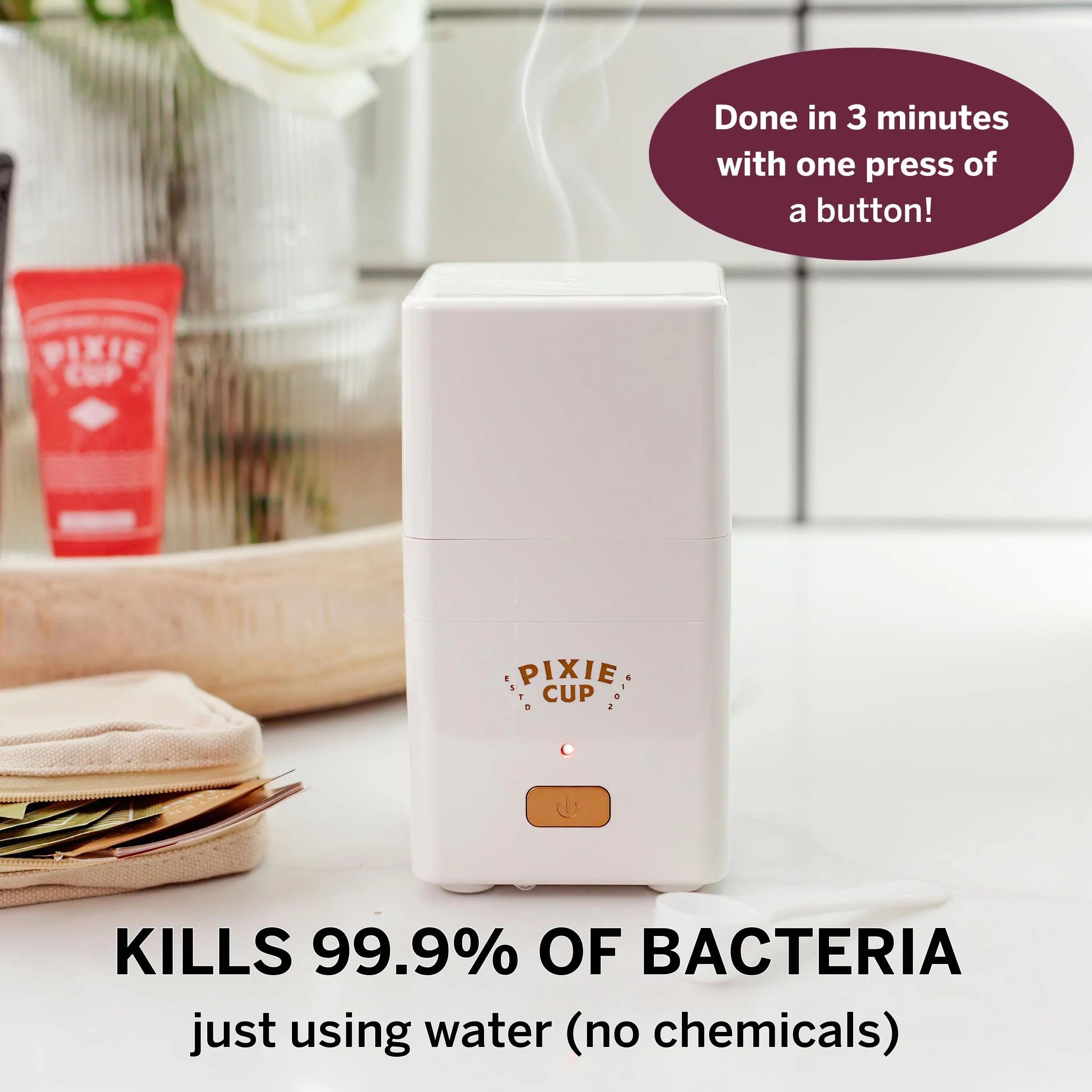 Dyski menstruacyjne ze sterylizatorem – miękkie i wielokrotnego użytku – miejsce 1 dla komfortu – zabija 99,9% zarazków – czyści w 3 minuty – kompaktowy zestaw do czyszczenia