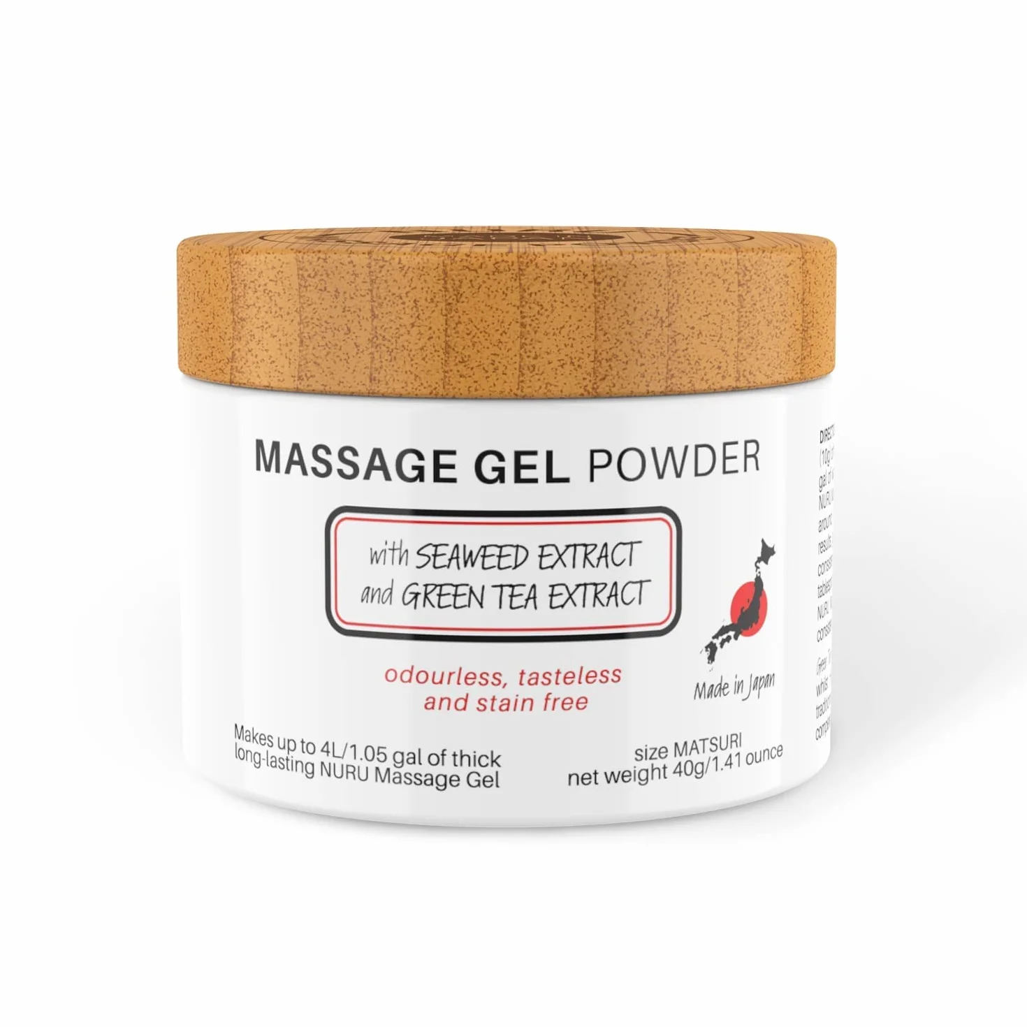 Erotic Massage Gel Powder 40g - Wykonane 4L/1.05 gal z wodorostów i zielonej herbaty. Wyprodukowano w Japonii, nie zawiera parabenów i gliceryny.