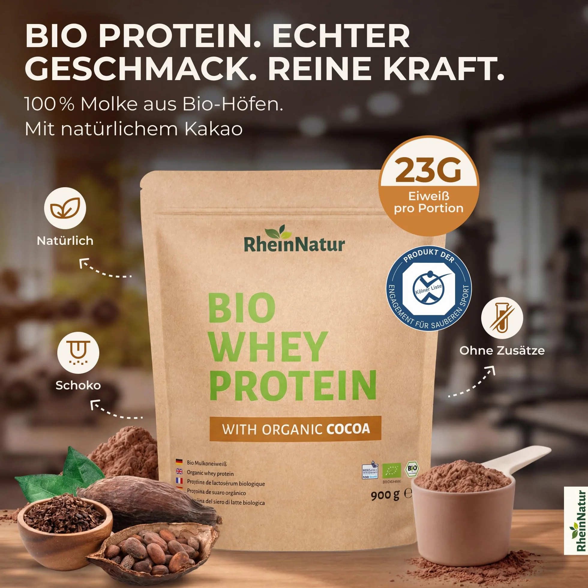 RheinNatur Bio Whey Protein Kakao 900 g - Proszek białkowy z bio-proszkiem kakaowym, 100% białko serwatki