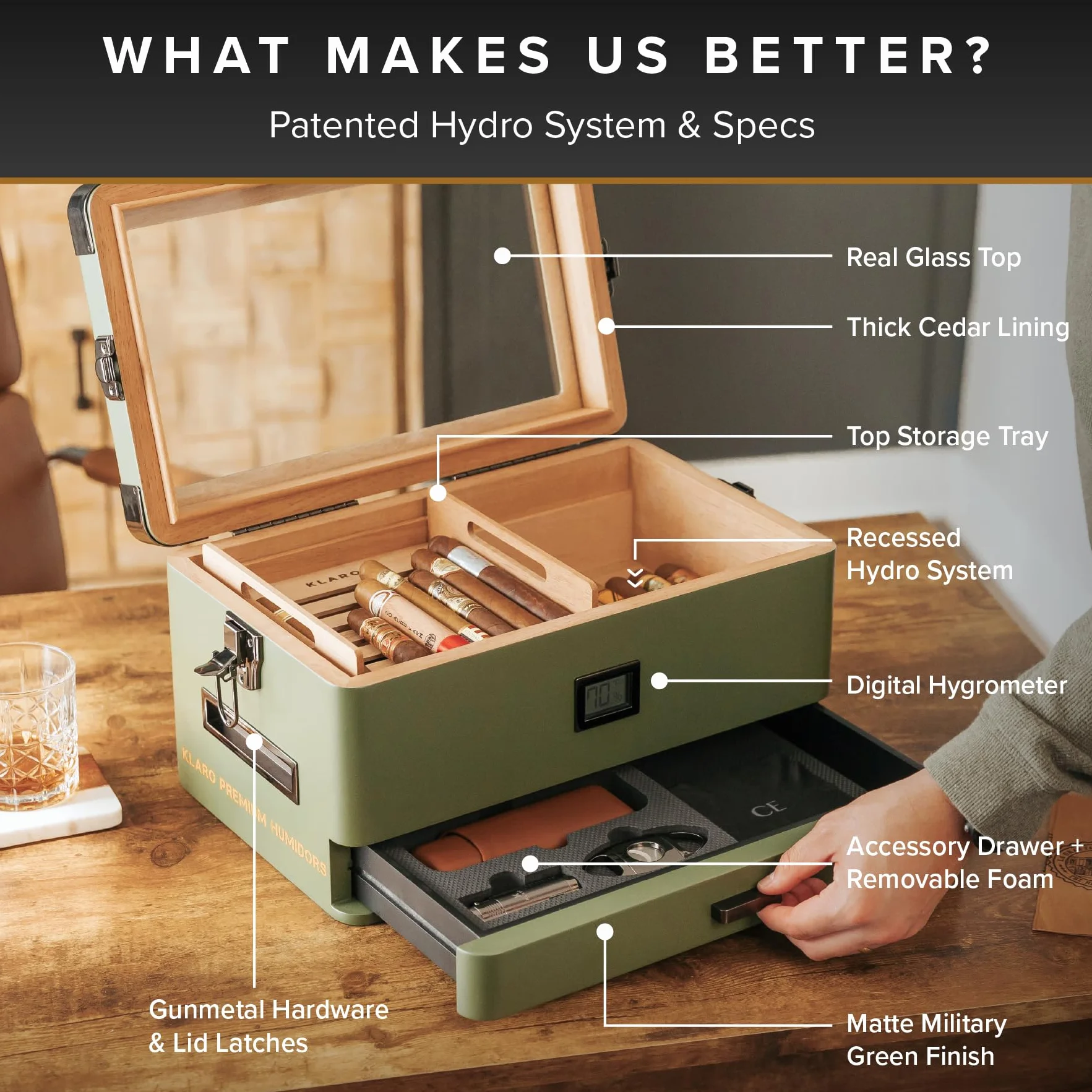 Case Elegance Military Glass Top Humidor, matowy zielony z cyfrowym higrometrem z przodu, hiszpański cedar, rozwiązanie nawilżające, system wody i akcesoria do pianek - Uchwyty (70-100 cygar) firmy