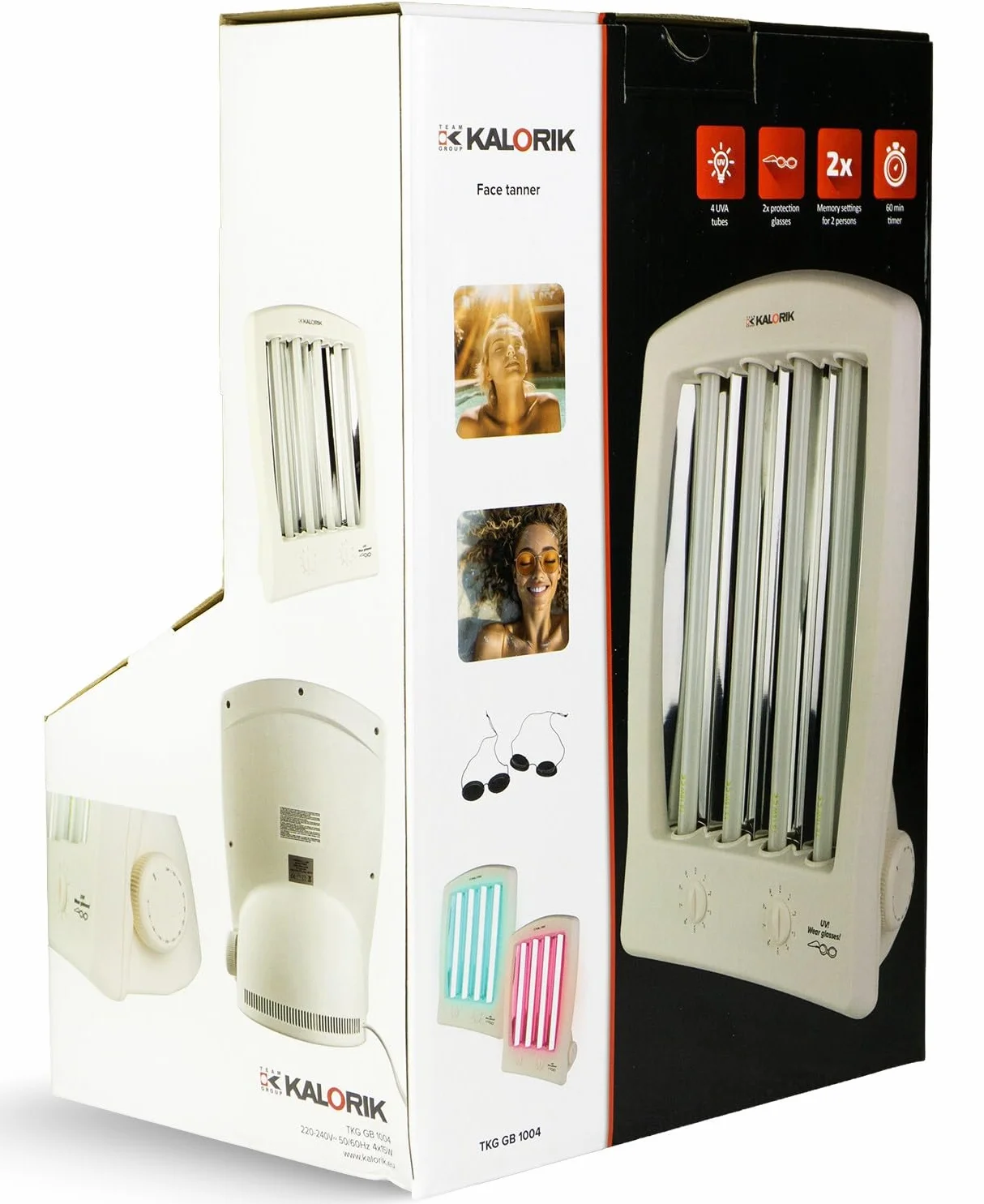 Kalorik GB1004R domowe solarium do opalania twarzy i dekoltu, 4 x 15 W, lampa do opalania kolagenu, pielęgnuje i regeneruje skórę, opalarka twarzy, w zestawie 2 x okulary przeciwsłoneczne