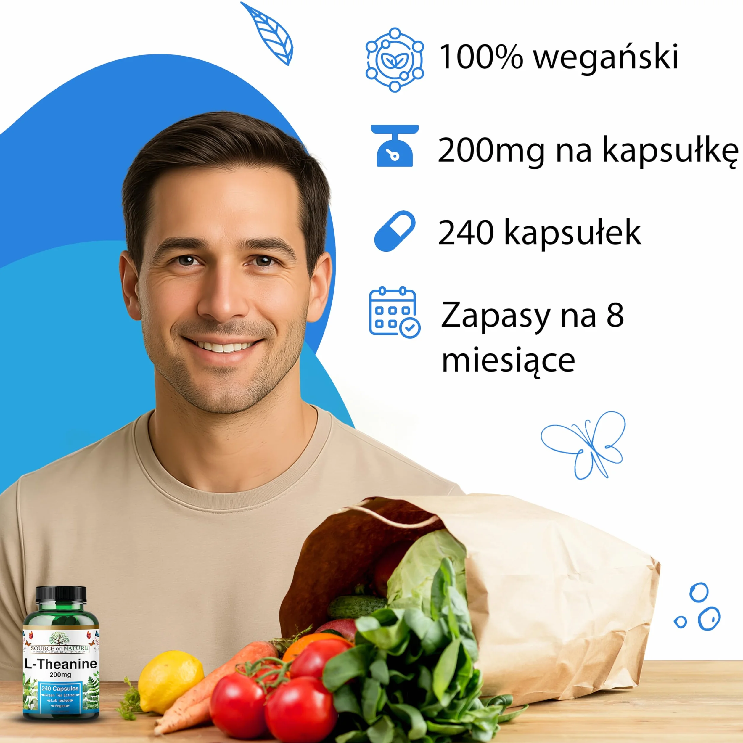 L-Teanina 200 mg 240 Kapsułek Wegetariańskich Aminokwas Zielona Herbata 98% Czystości Bez Dodatków