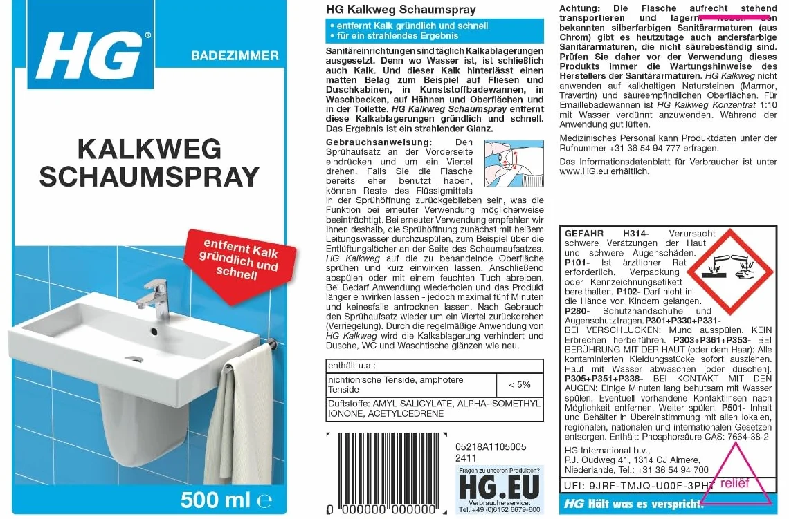 HG Wapiany w sprayu (1 x 500 ml) – to pianka zapobiegająca osadzaniu się kamienia, do łatwego i skutecznego usuwania kamienia wapiennego