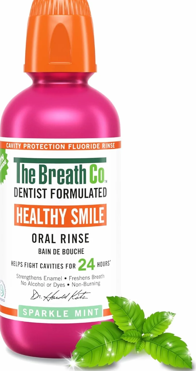 The Breath Co Zapobieganie próchnicy jamy ustnej na bazie fluoru, formuła opracowana przez dentystę, pomaga zwalczać próchnicę przez 24 godziny*, odświeża oddech, bez alkoholu, nie kłuje, 500ml