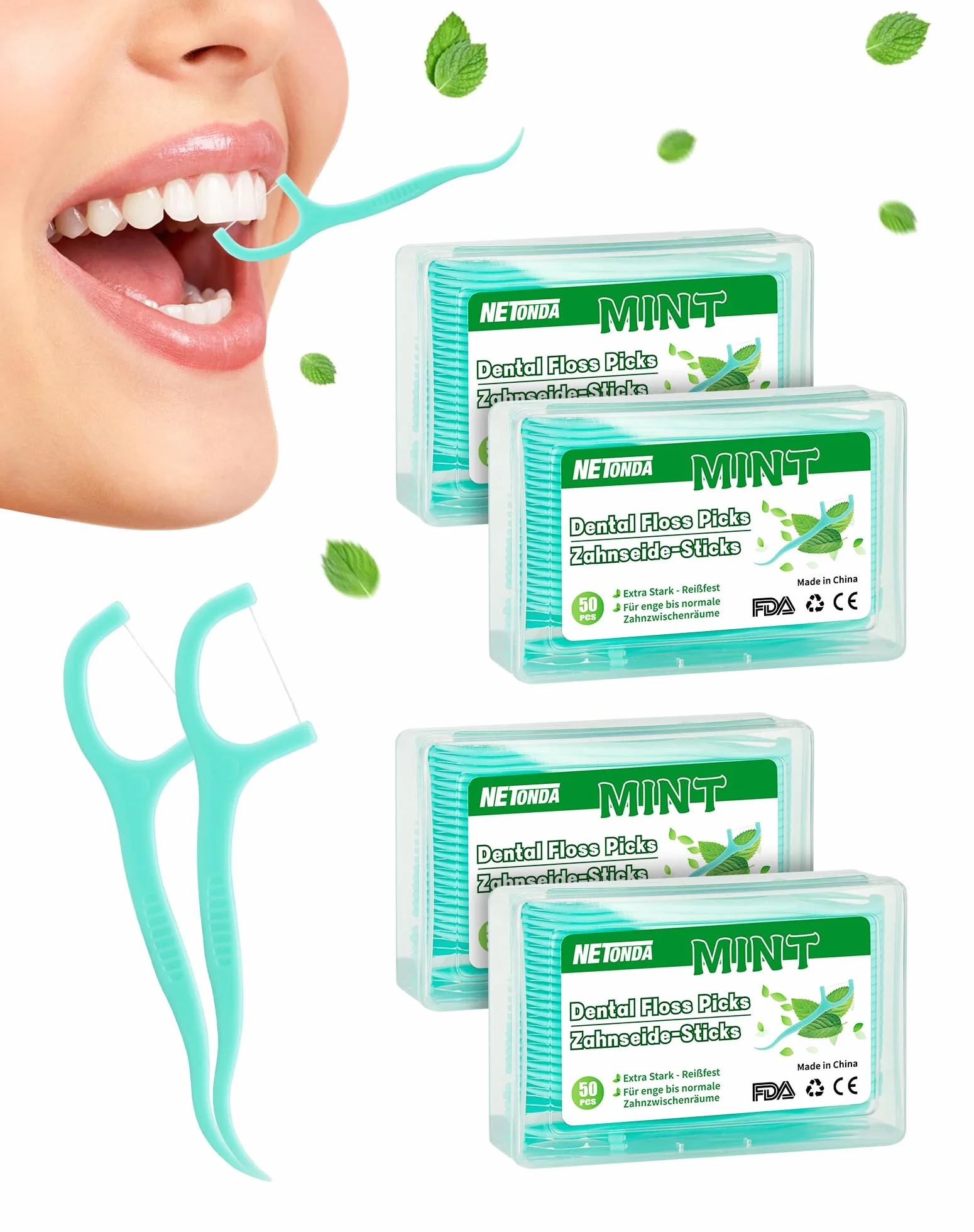 Nici dentystyczne Patyczki Minze NETONDA 200 sztuk do czyszczenia zębów Mięta Flossers Mint Dental Floss Nić dentystyczna z wykałaczką o smaku miętowym patyczki z nicią dentystyczną