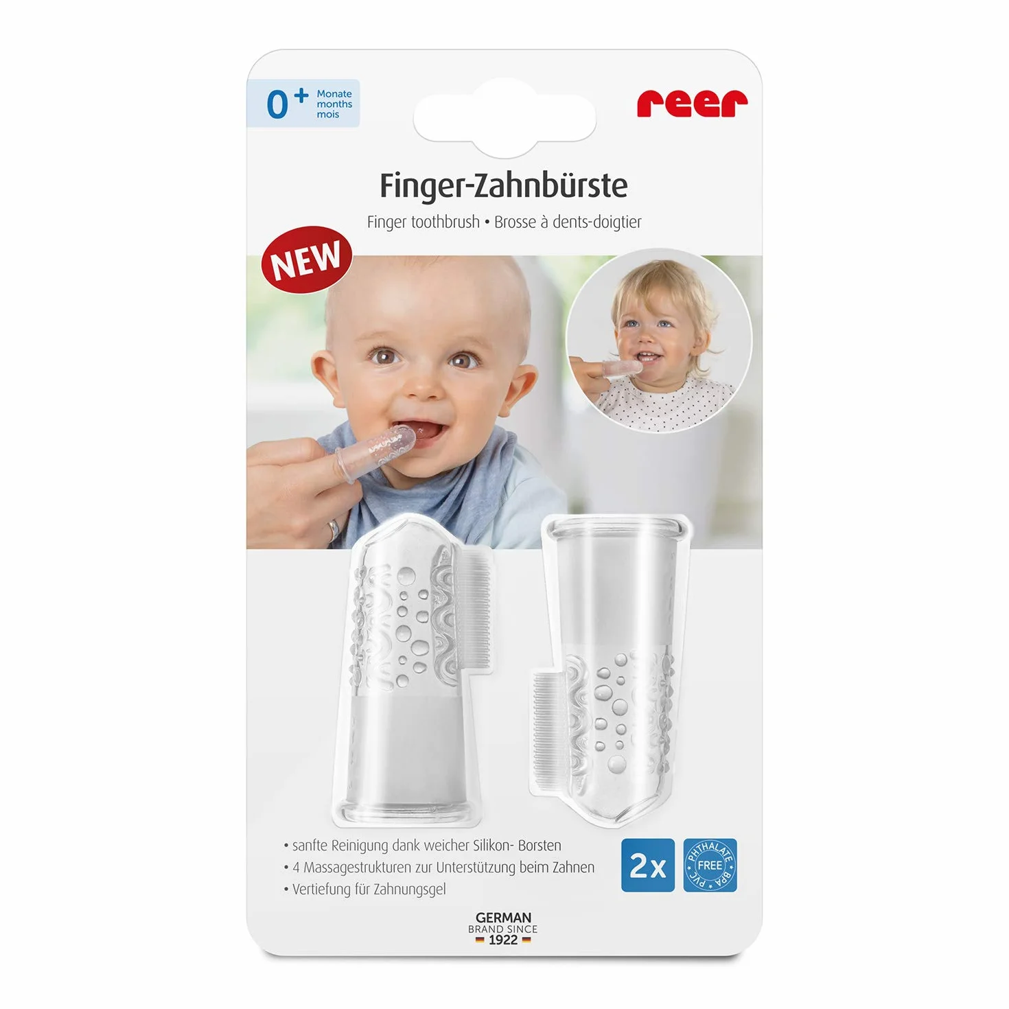 reer 79249 silikonowa szczoteczka do zębów dla niemowląt, 2 sztuki, z silikonu, nie zawiera lateksu, przezroczysta, 9 g