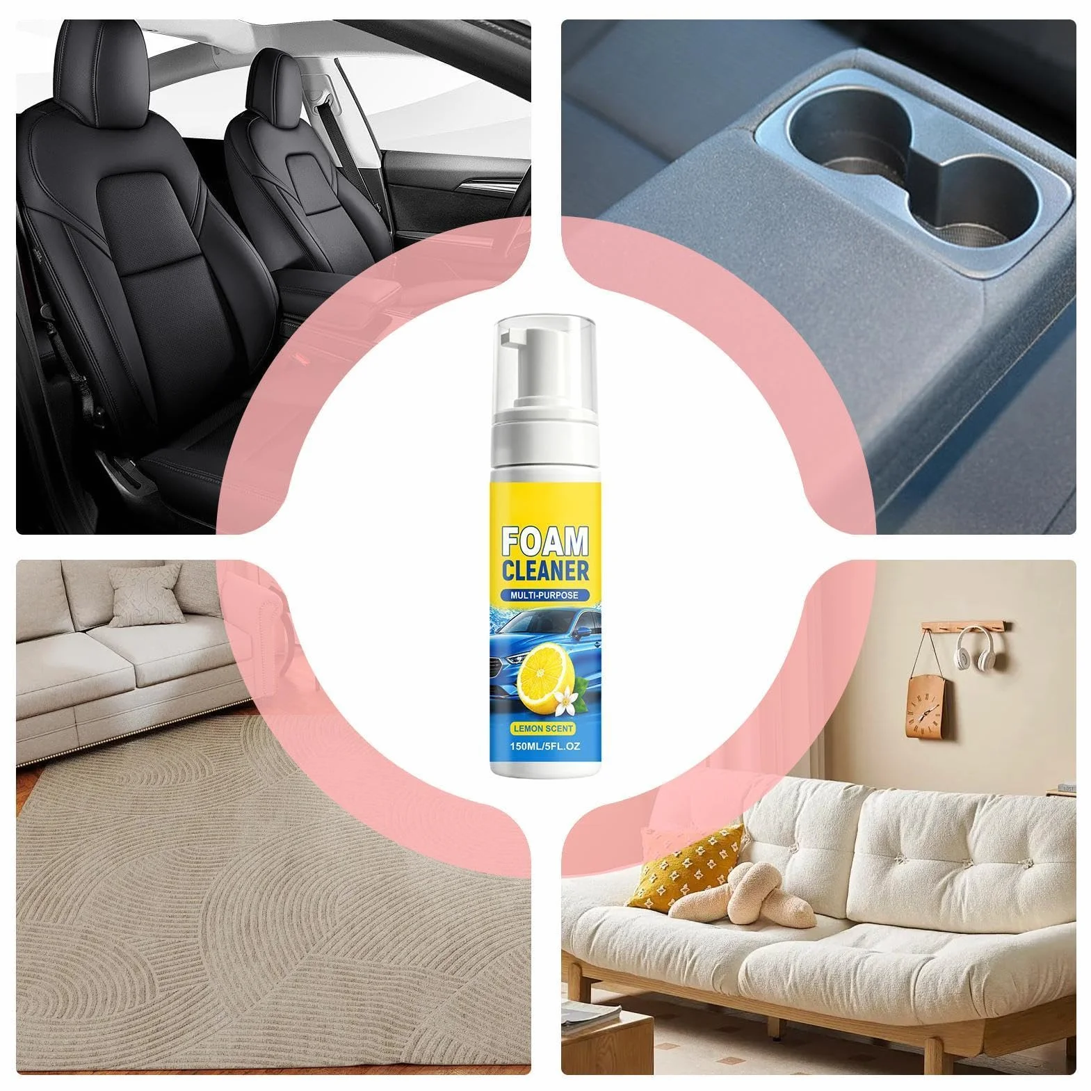 Multi Purpose Foam Cleaner, Upholstery Cleaning Spray 150 ml, All Deep Foam for Bathroom Kitchen Car Interior Countertop Toilet Furniture Use, Strong Stain Removal, Home Care Cleaning Solution