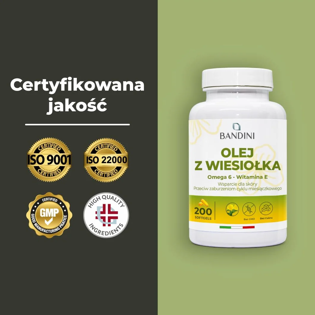 Bandini® Olej z wiesiołka 200 kapsułek żelowych 2000 mg - Przeciwutleniacz dla skóry, włosów i paznokci