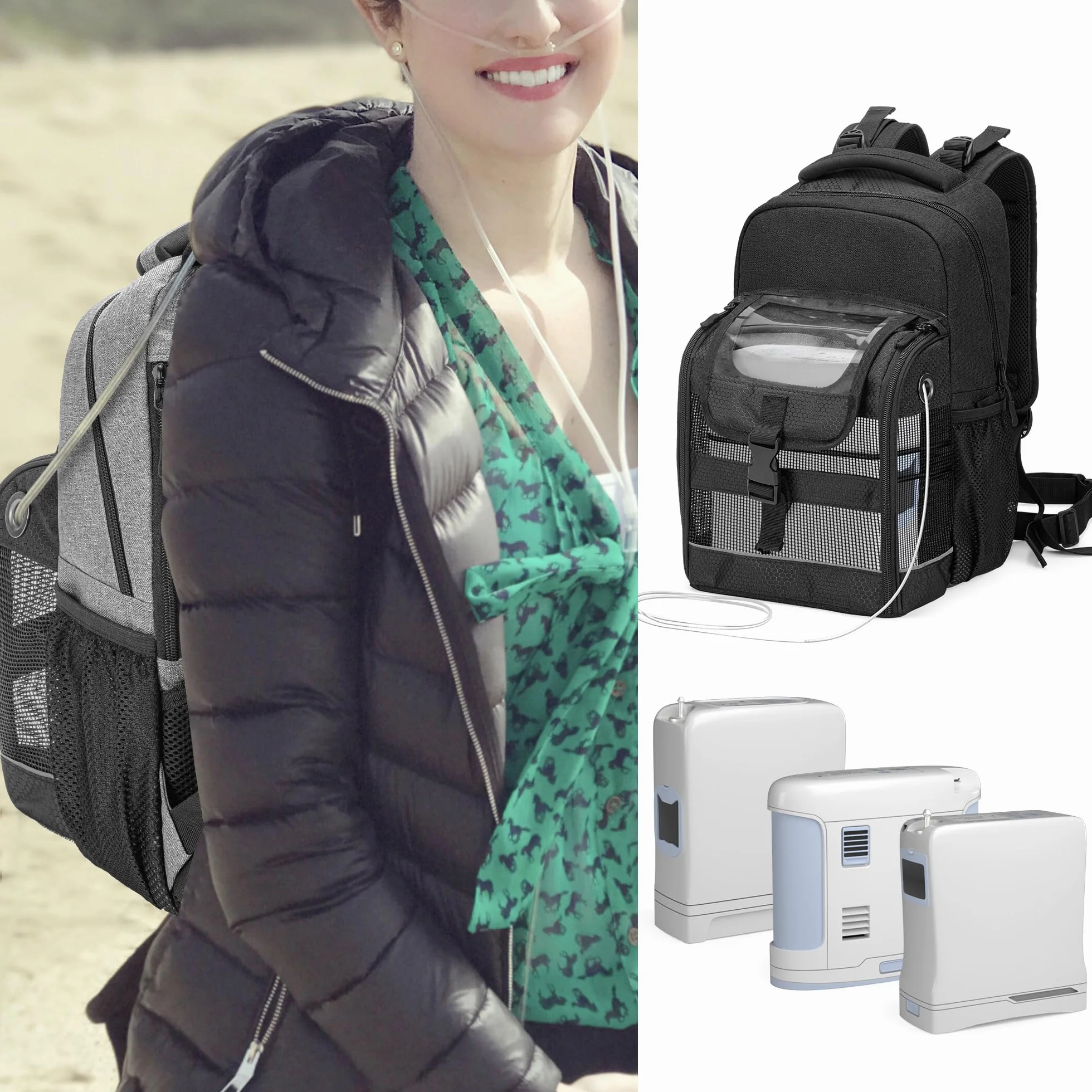 Trunab Plecak transportowy POC z przezroczystą osłoną, kompatybilny z Inogen One, Caire Freestyle Comfort, Oxygo, SimplyGo Mini, Czarny