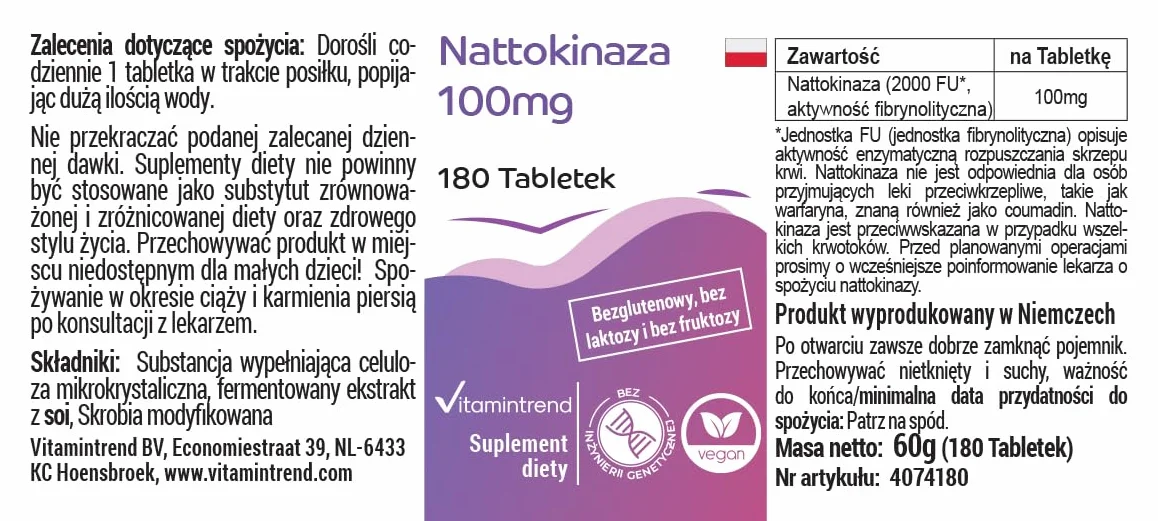 Vitamintrend Nattokinase 100mg, 180 tabletek po 100mg (21.800 FU/g), wysoka dawka, wegański, bez stearynianu magnezu, wyprodukowany w Niemczech