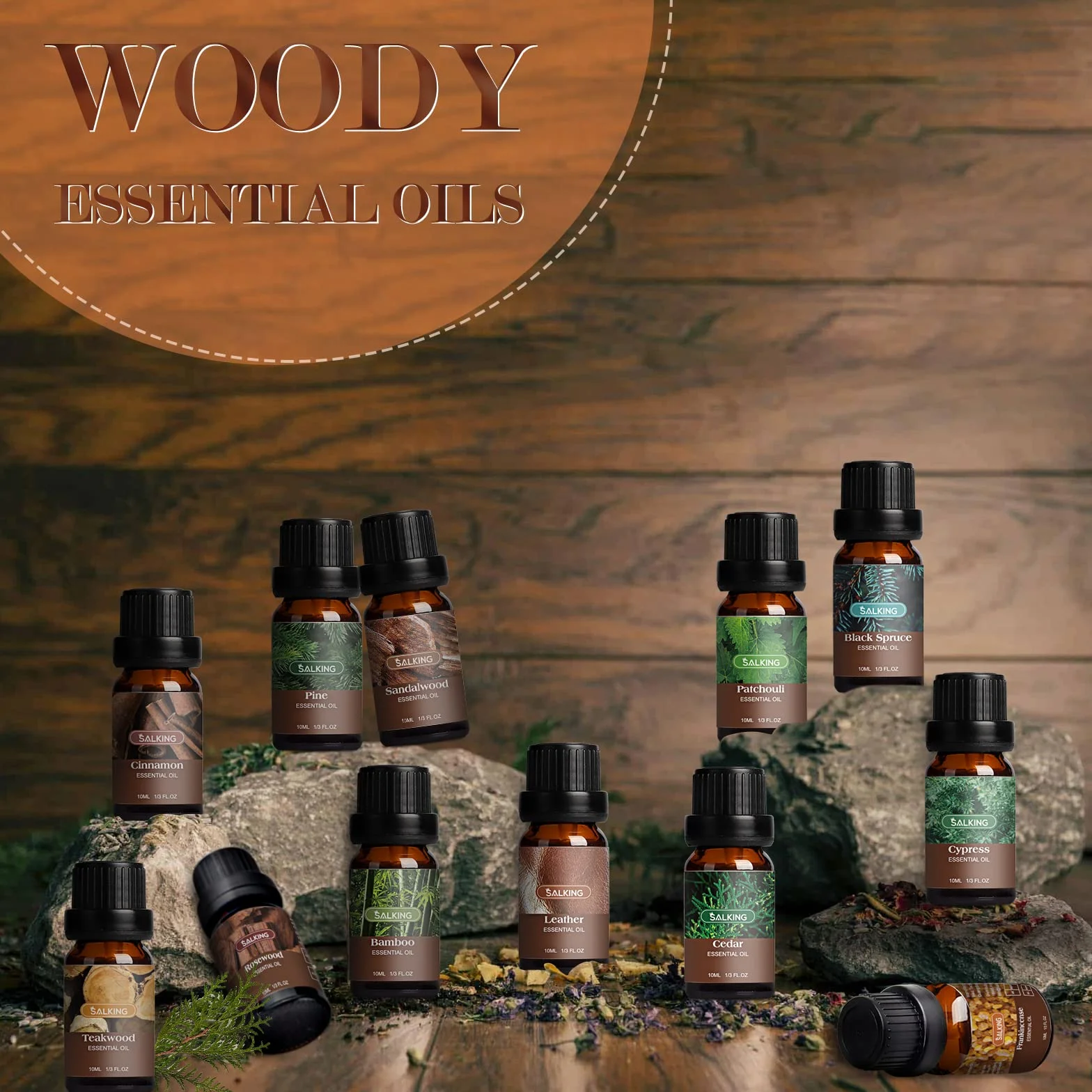 SALKING Woody Olejki eteryczne do dyfuzorów 12 x 10 ml - Frankincense, Teak, Sandal, Cyprys, Cedr, Paczula, skóra, bambus, sosna, sekwoja, cynamon, czerwony świerk, czarny