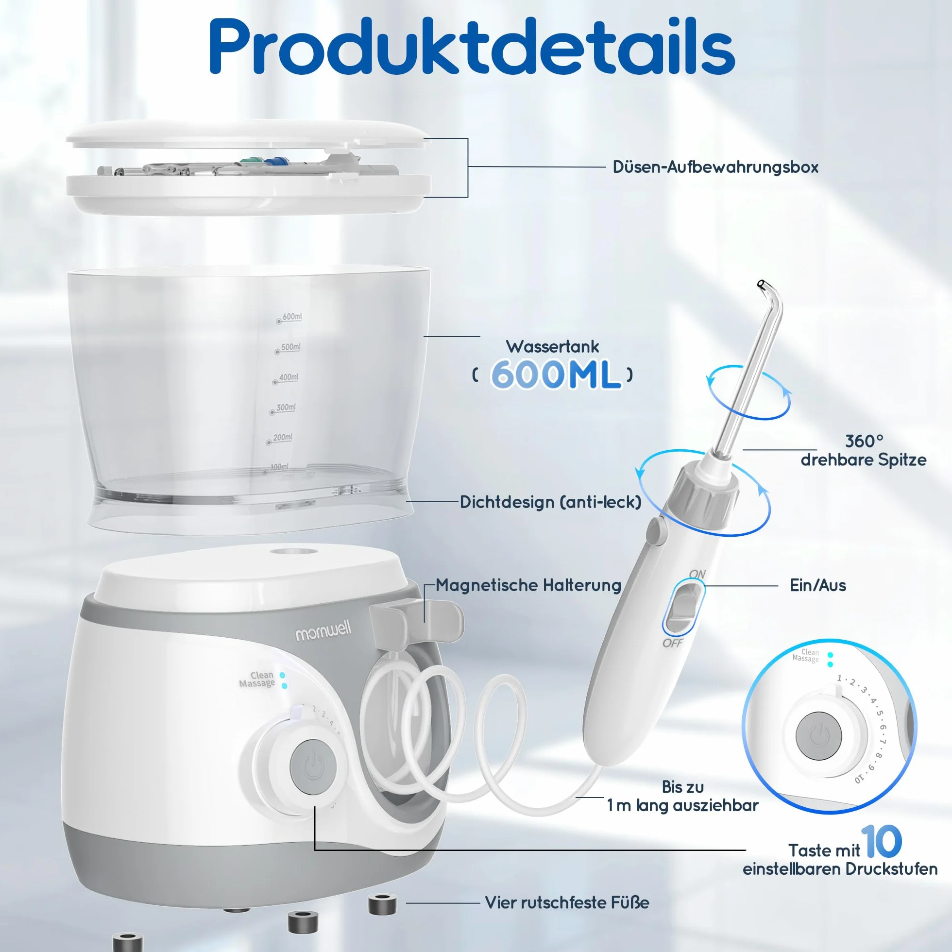 Mornwell Irrigator do Zębów, Profesjonalny Elektryczny Irrigator z 10 Poziomami Ciśnienia, 6 Końcówkami, 2 Trybami & Zbiornikiem 600ml, Wbudowany Timer (Duże A)