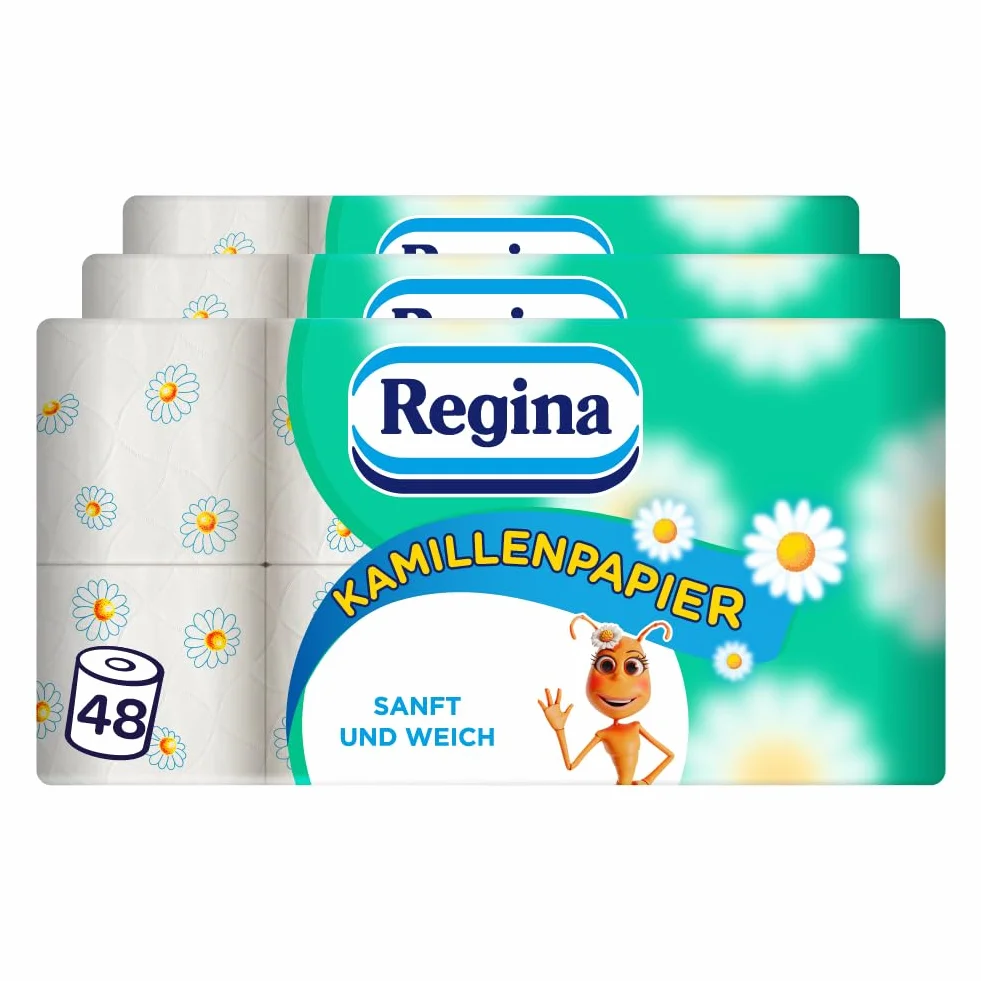 Regina Papier Rumiankowy 48 Rolek po 150 Listków, Miękki i Delikatny, Zapachowy, z Nadrukiem, 3 Warstwy, Duże Opakowanie, Certyfikat FSC, Czysta Celuloza
