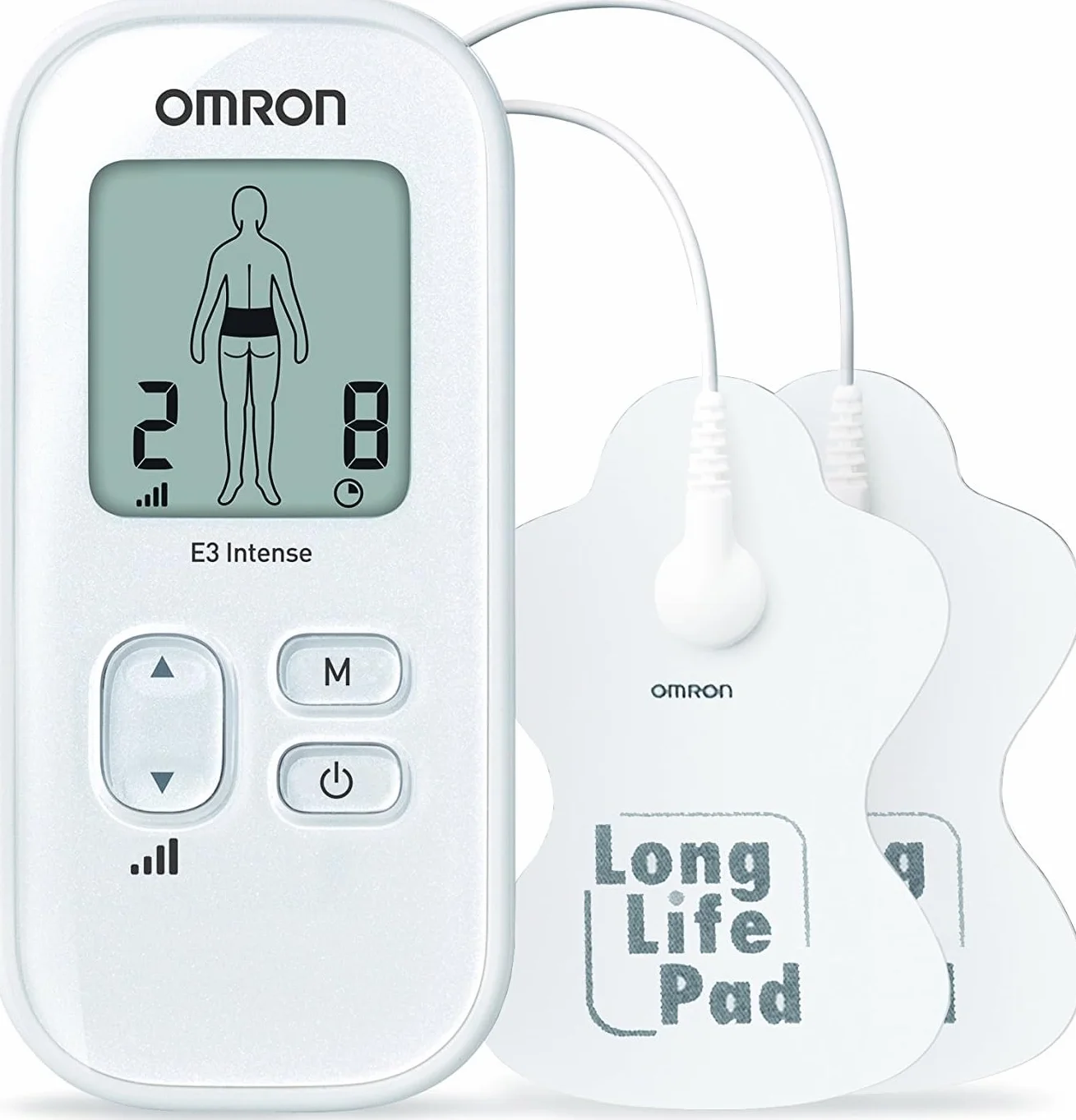 OMRON E3 Intense TENS spersonalizowana terapia przeciwbólowa 6 programów 3 programy masażu 15 poziomów intensywności elektrody wielokrotnego użytku
