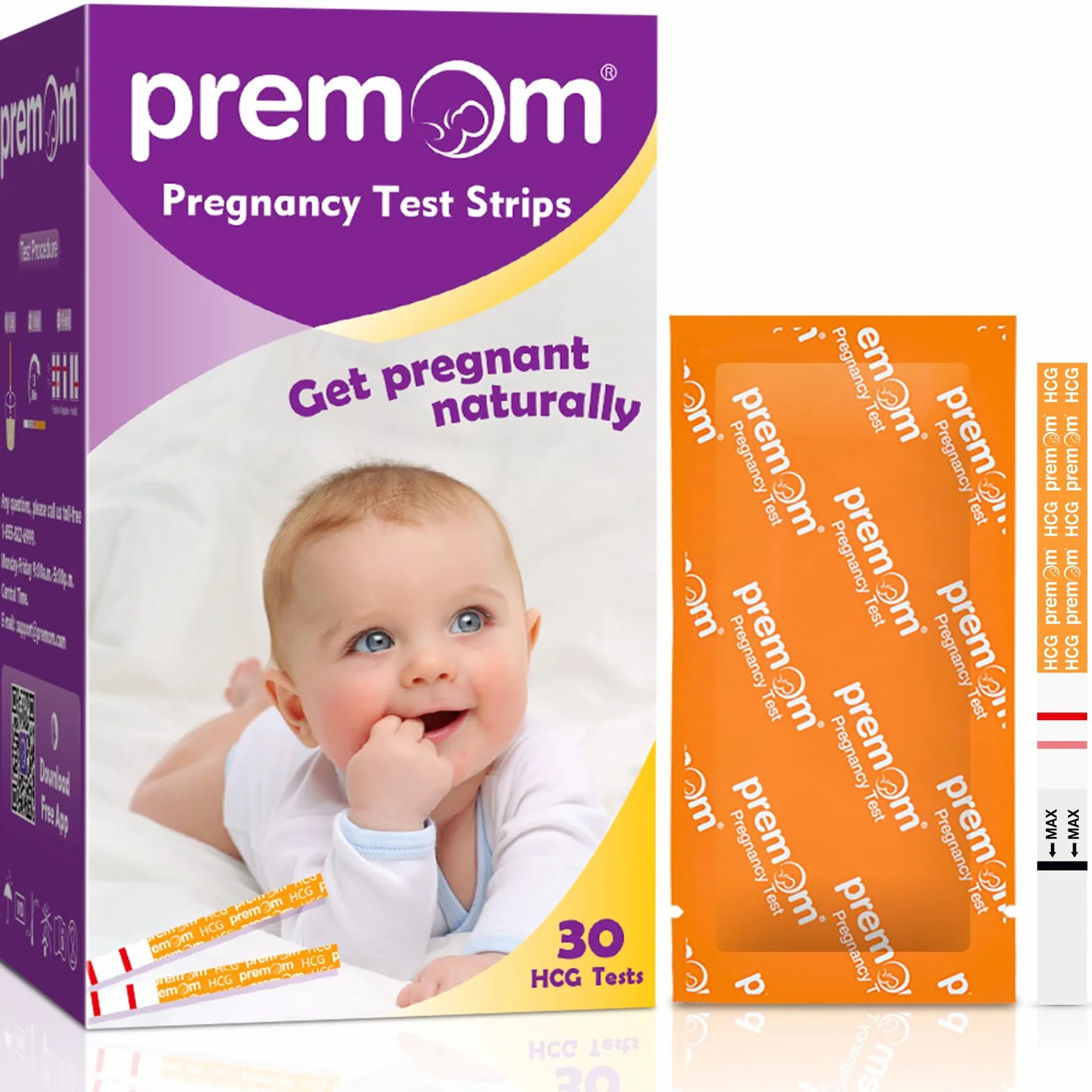 30 Premom Ultraczuły Test Ciążowy : Szybki test hCG 10 mIU/ml moczu z aplikacją Smart App Premom丨 Pasek z odczynnikami do wczesnej ciąży