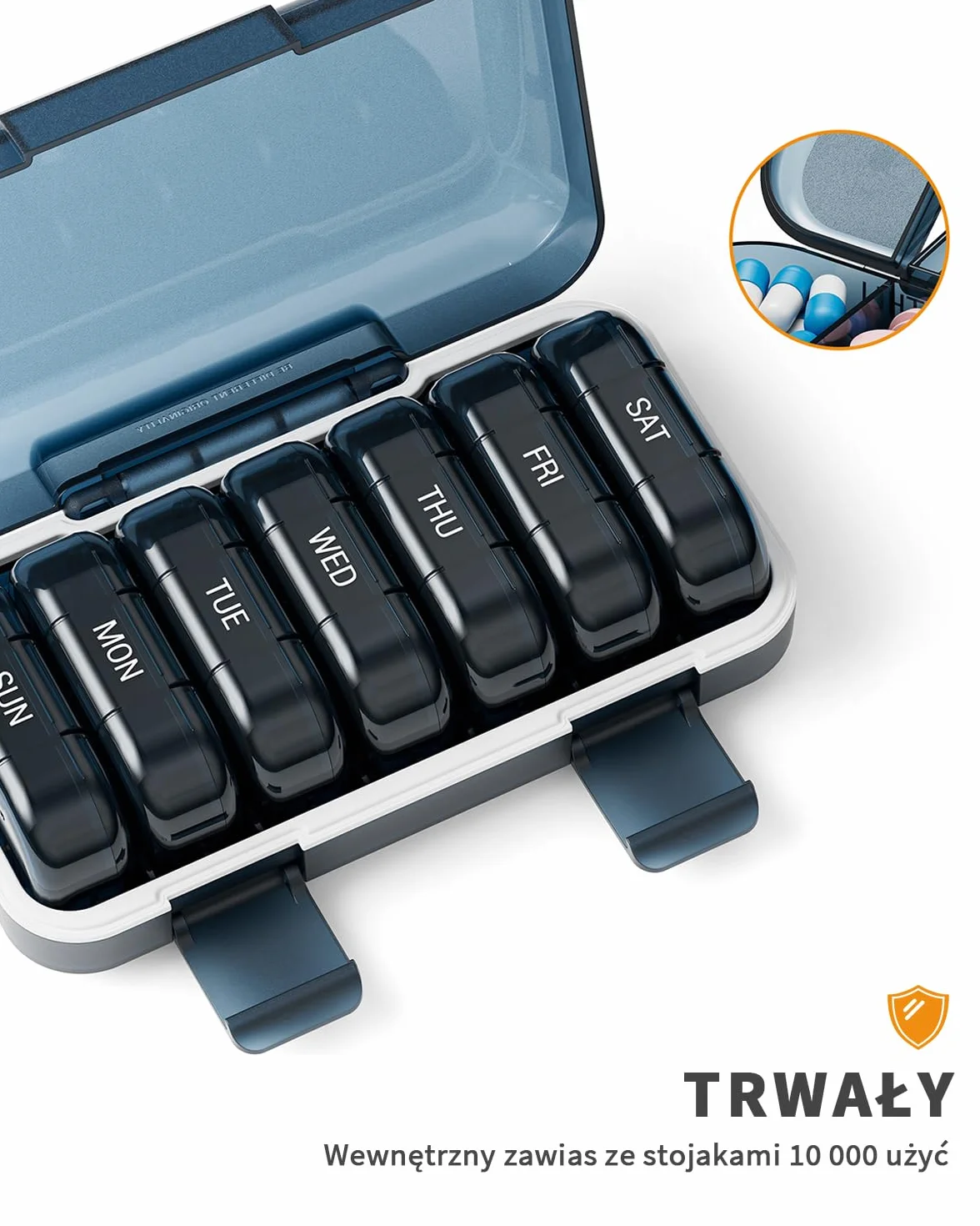ONTERATE Tygodniowy Organizer na Tabletki 3 Razy Dziennie, Przenośne Pudełko na Leki na 7 Dni, Wodoodporne Etui na Tabletki, 21 Przegródek, Podróżny Pudełko na Leki z Witaminami (Niebieski)
